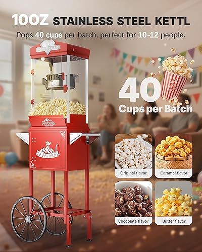 Miniatura 3 de Máquina de palomitas de maíz de 10 onzas con carro, máquina para hacer maíz con ruedas y hervidor de acero inoxidable que hace hasta 40 tazas,