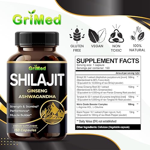 Miniatura 2 de SHILAJIT Ginseng Ashwagandha19,700 mg  Fuerza, resistencia, constructor muscular, fabricado y probado en Estados Unidos (150 unidades (paquete de 1))