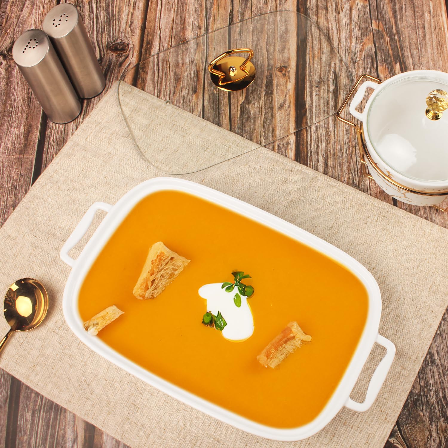 plat à gratin rectangulaire en porcelaine avec couvercle en verre, terrine de soupe de 1500 ML pour servir, plat chauffant pour buffets, plateau pour conserver les aliments, plat à gratin