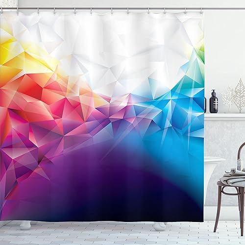 Ambesonne Cortina de ducha abstracta, diseño geométrico moderno con triángulo similar al arco iris con detalles de líneas vívidas, juego de