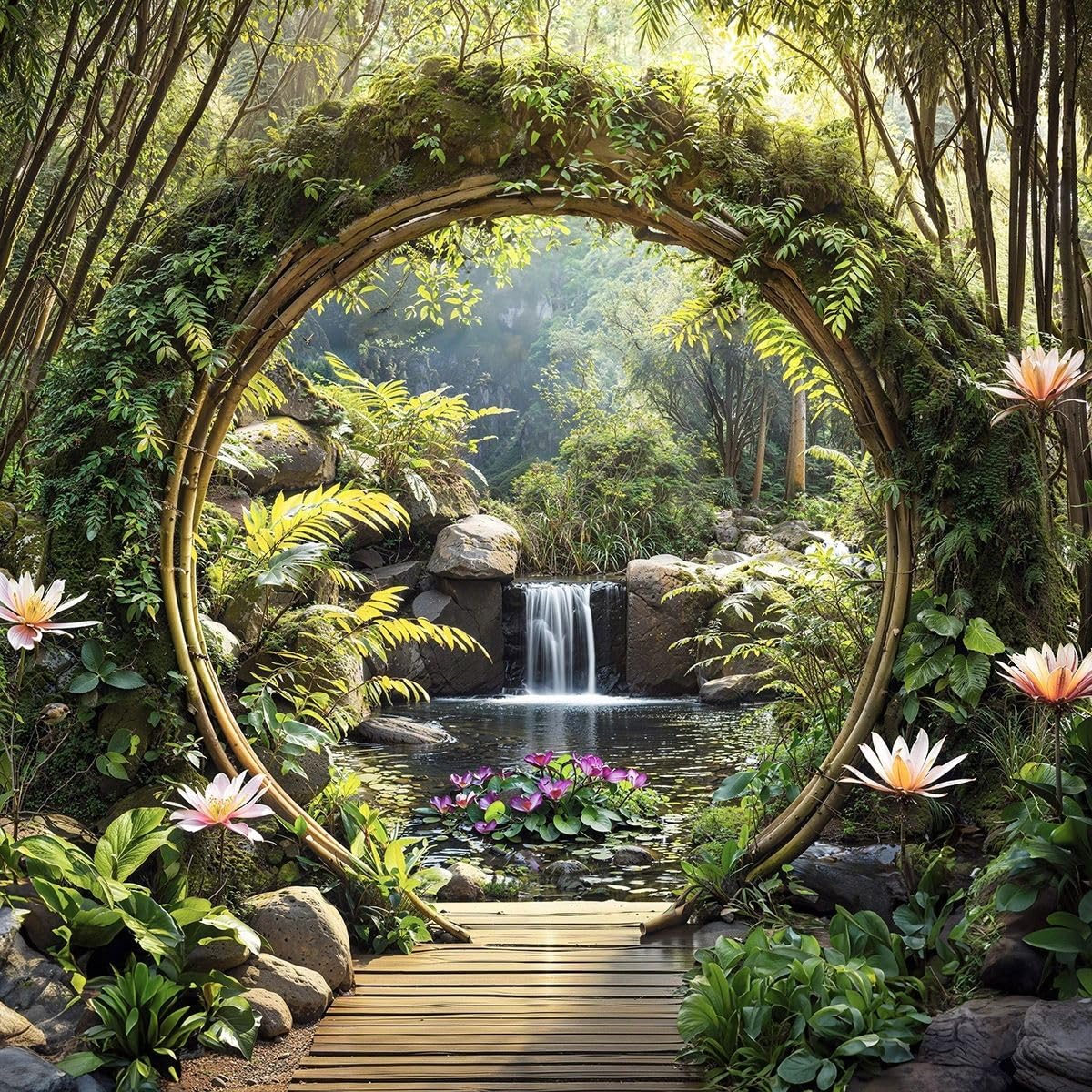 Mural Gardens Tropical Moon Gate Waterfall Garden Mural Curtain Waterproof Outdoor Tapestry Jungle Wall Art Exotic Fence Decor W180Cm H180Cm from B&Q
