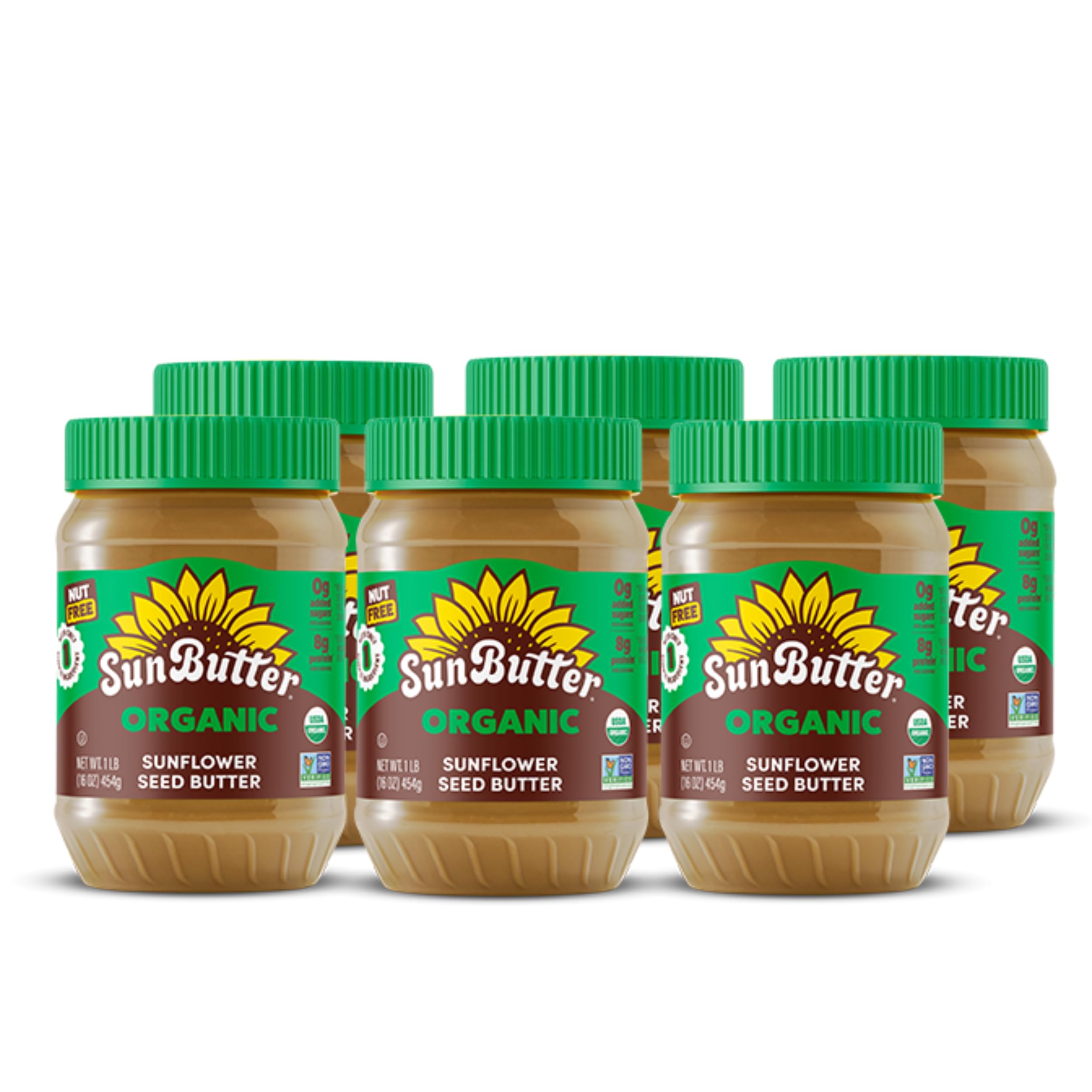 SunButter Organic Sunflower Seed Butter, 16 oz (6 Pack of 6) - Nut Free Spread with 7g Plant-Based Protein, Roasted Rich & Savory Flavor, Smooth Texture, Vegan, Kosher & Non-GMO