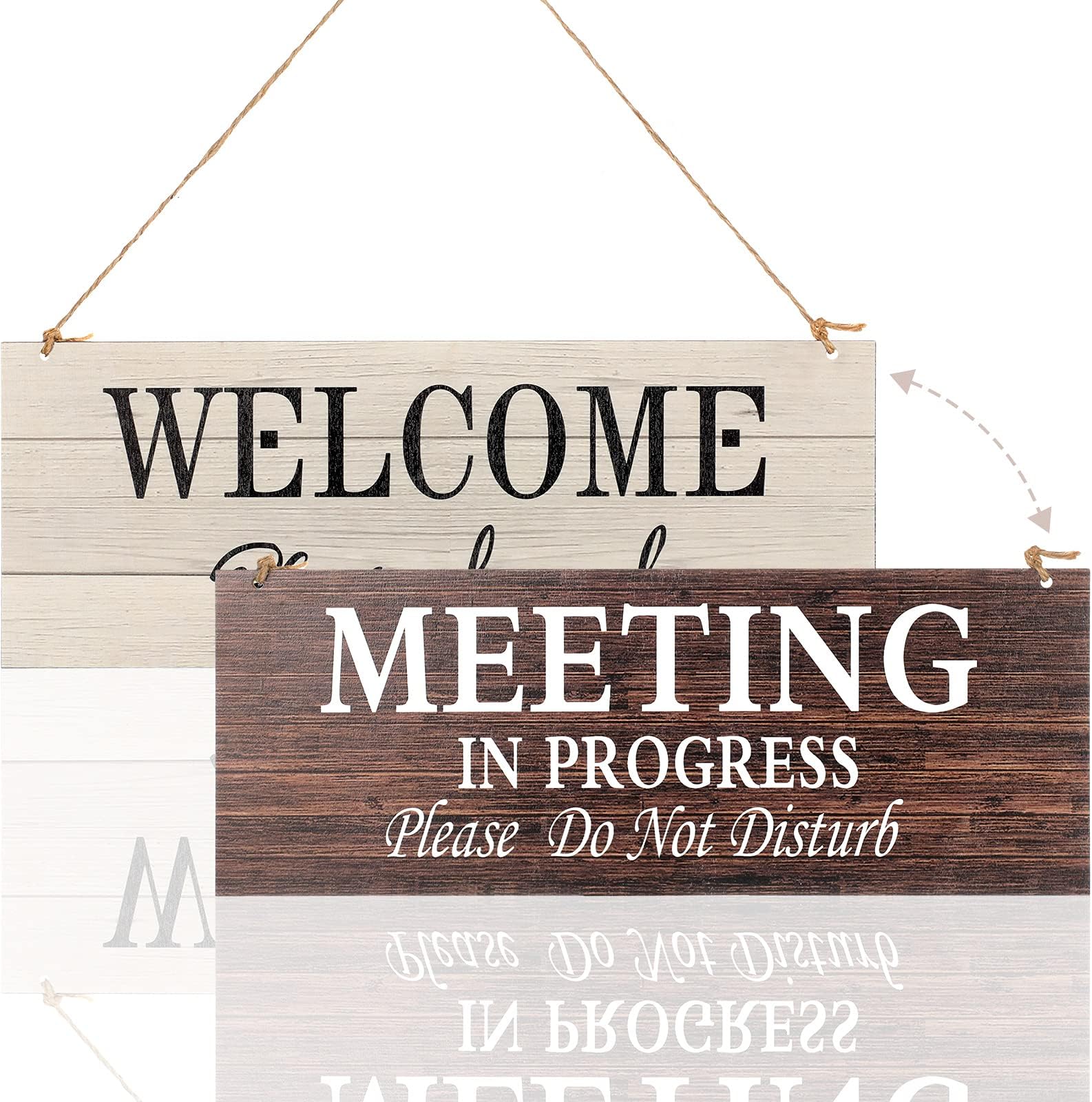 Jetec 1 Piece Double-side Meeting In Progress Please Do Not Disturb, Welcome Knock Hanging Wooden Sign Plaque, a for Office Door Room Home Study, 16 x 15.24 cm (Brown and White)
