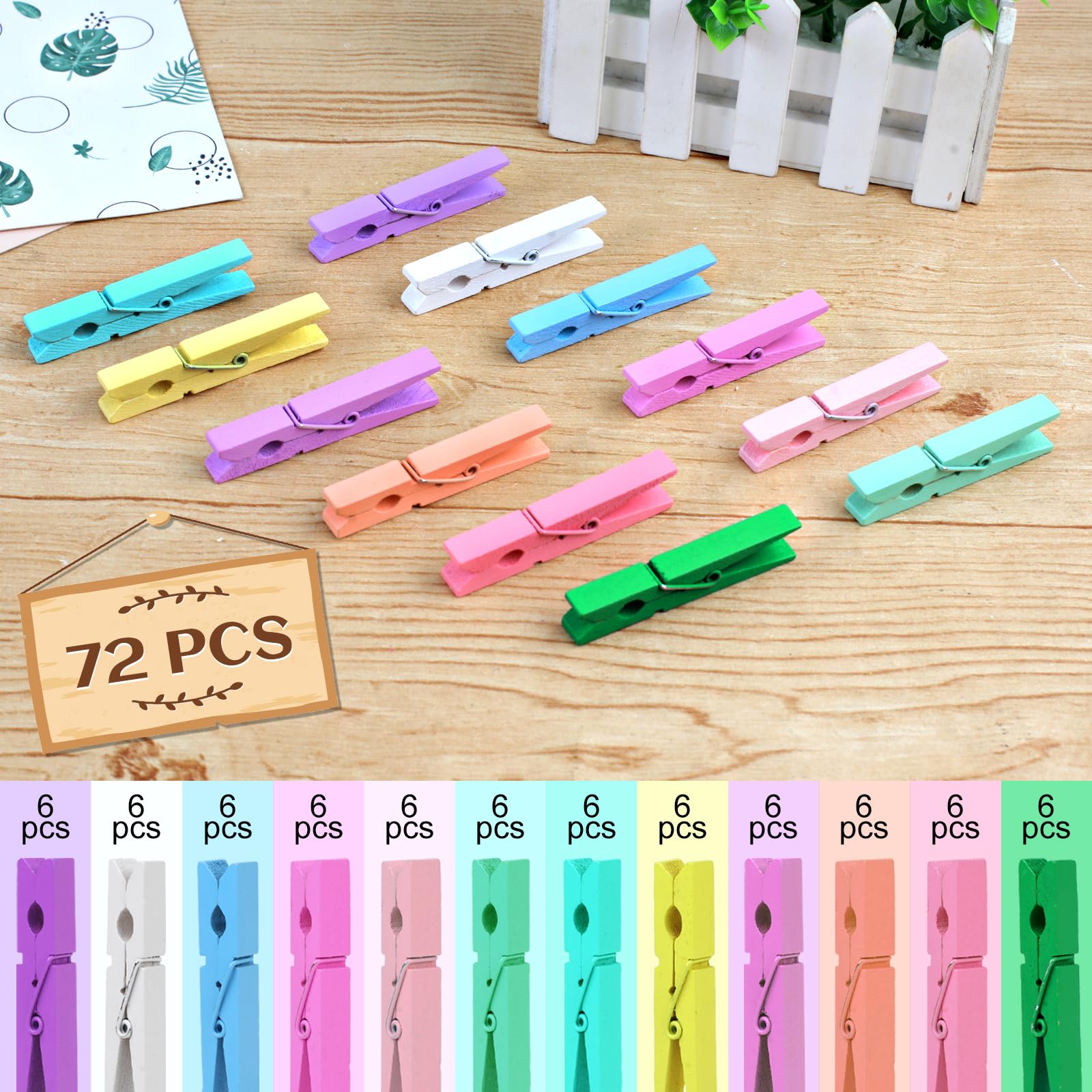 Phinus 72 Stück Pastellfarbene Holzkleidernadeln, 7,4 cm, 12 Pastellfarben, Wäscheklammern zum Aufhängen von Kleidung, Bildern, Fotos, Klassenzimmer, Handwerk, Dekoration, bunte Wäscheklammern
