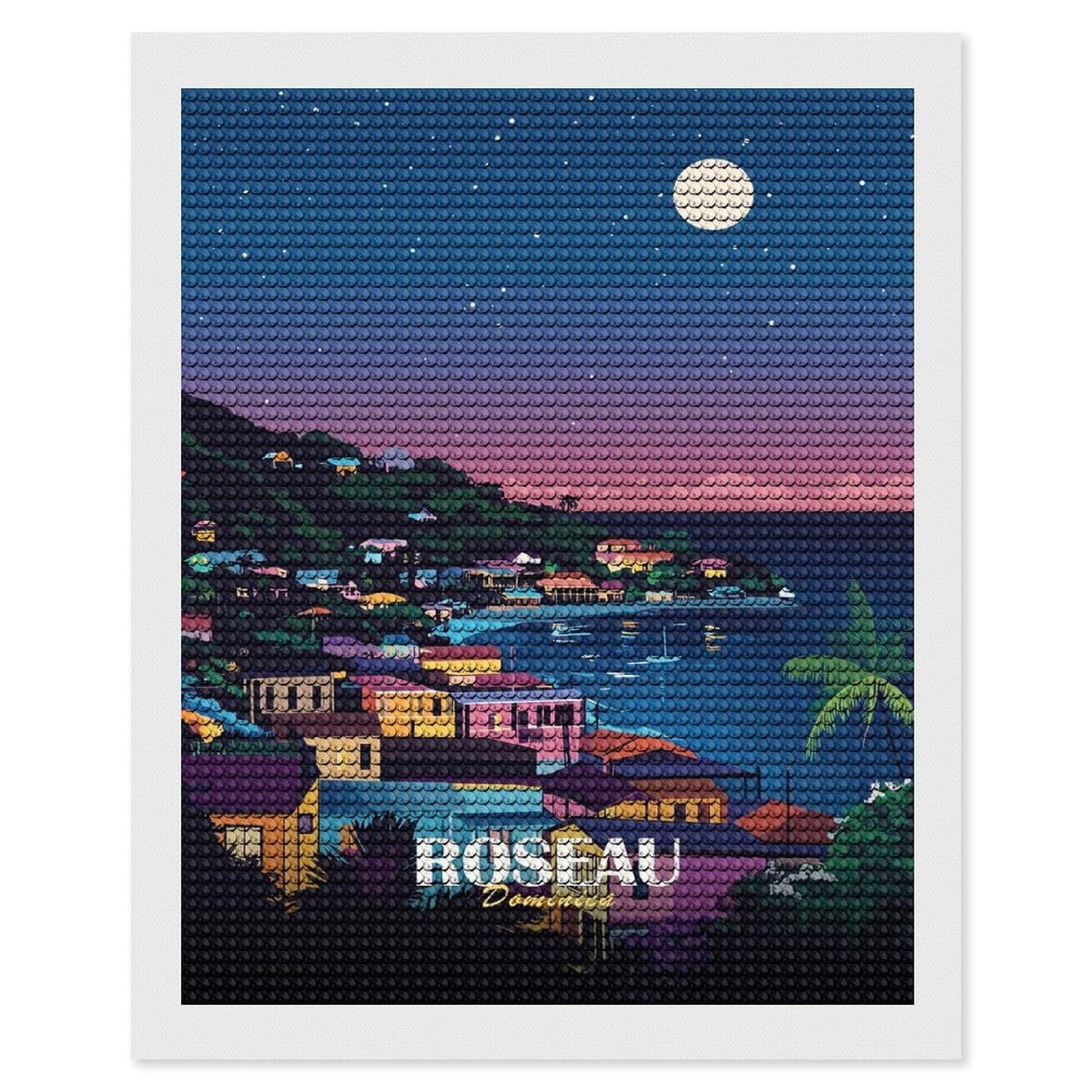Junmoney Roseau Dominica Nightscape Art Print Diamond Painting Canvas Set 16"x20", for Adults, Sparkling Round Gems, Thoughtful Handmade Gift, Modern Decor