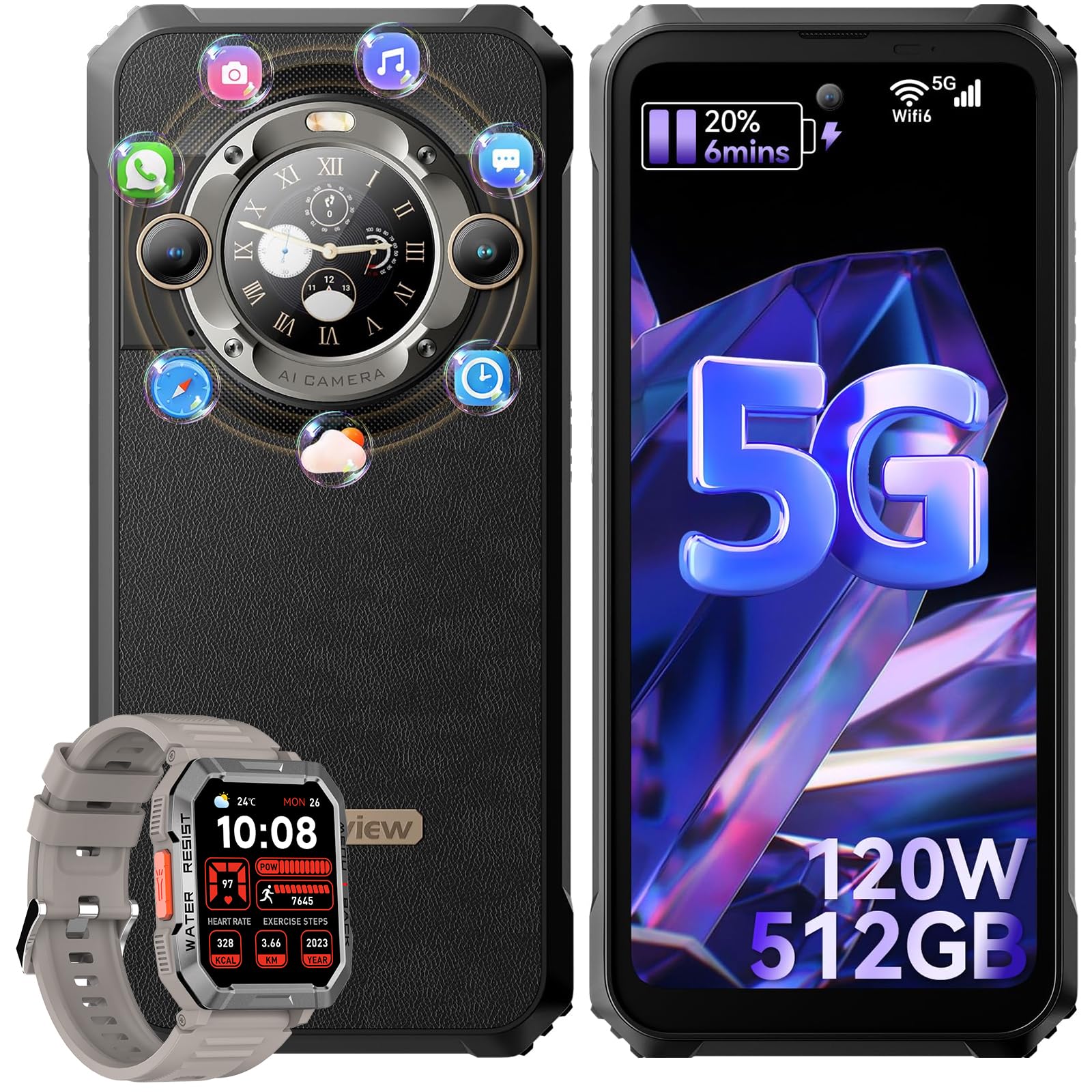 Rugged Smartphone 5G, Blackview BL9000 con Secondario Schermo, 512GB ROM+24GB RAM, Dimensity 8020, 6.78'' FHD+/120Hz, 8800mAh/120W, 50MP+50MP, NFC/Fingerprint/WiFi6/Android 13 Telefono Indistruttibile