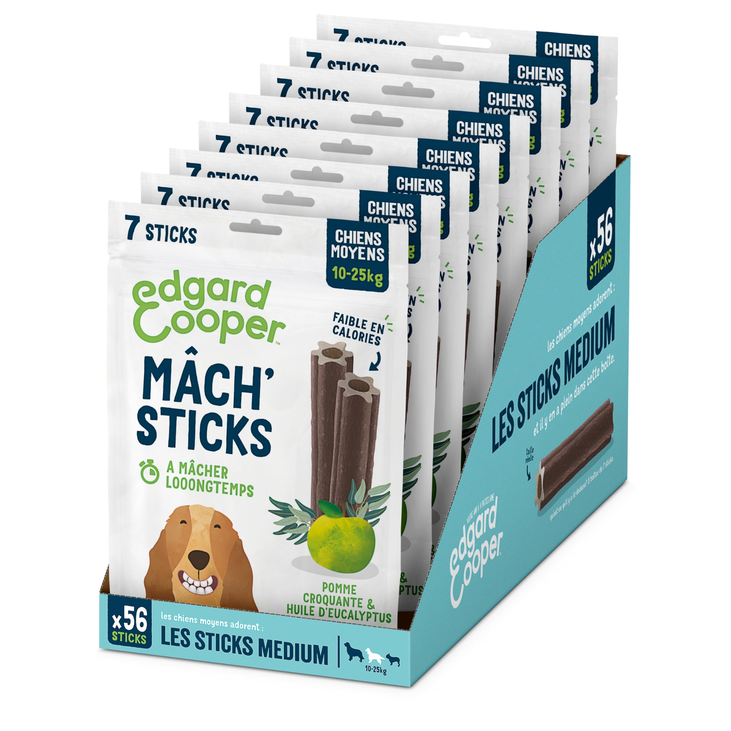 Edgard Cooper Friandises Pour Chien, (Eucalyptus & Pomme, 7 bâtons x 8), Moyen, Un par Jour, Faible en Calorie, Mastication Longue Efficace, Haleine Fraîche
