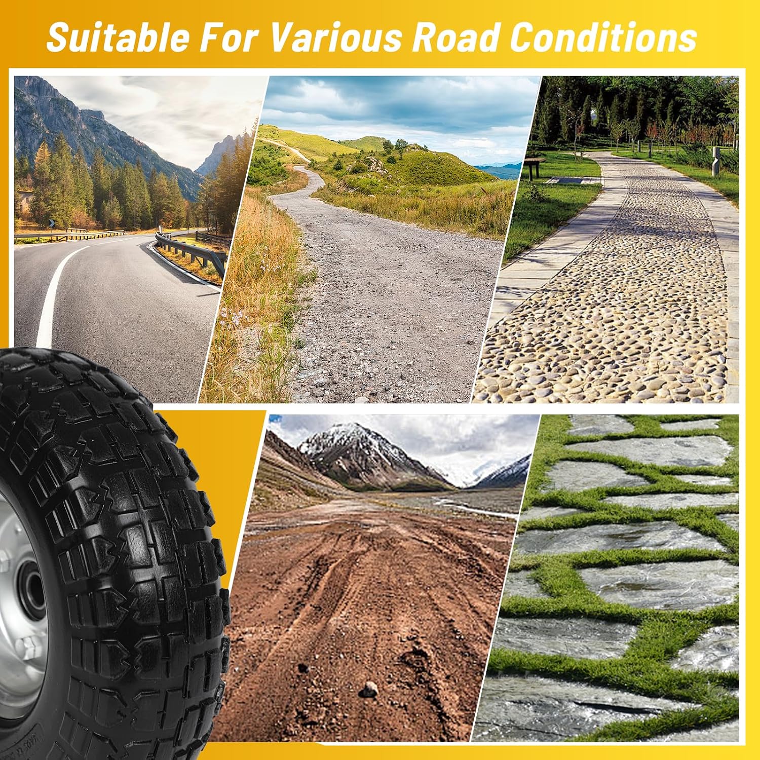 Taifa 2 PCS 10" Solid Flat Free 4.10/3.50-4 Rubber Tires and Wheels Replacement with 5/8'' Bearing and 2.17'' Offset Hub, Air less Wheel for Wheelbarrow/Wagon/Trolley/Lawn Mowers/Generators etc.