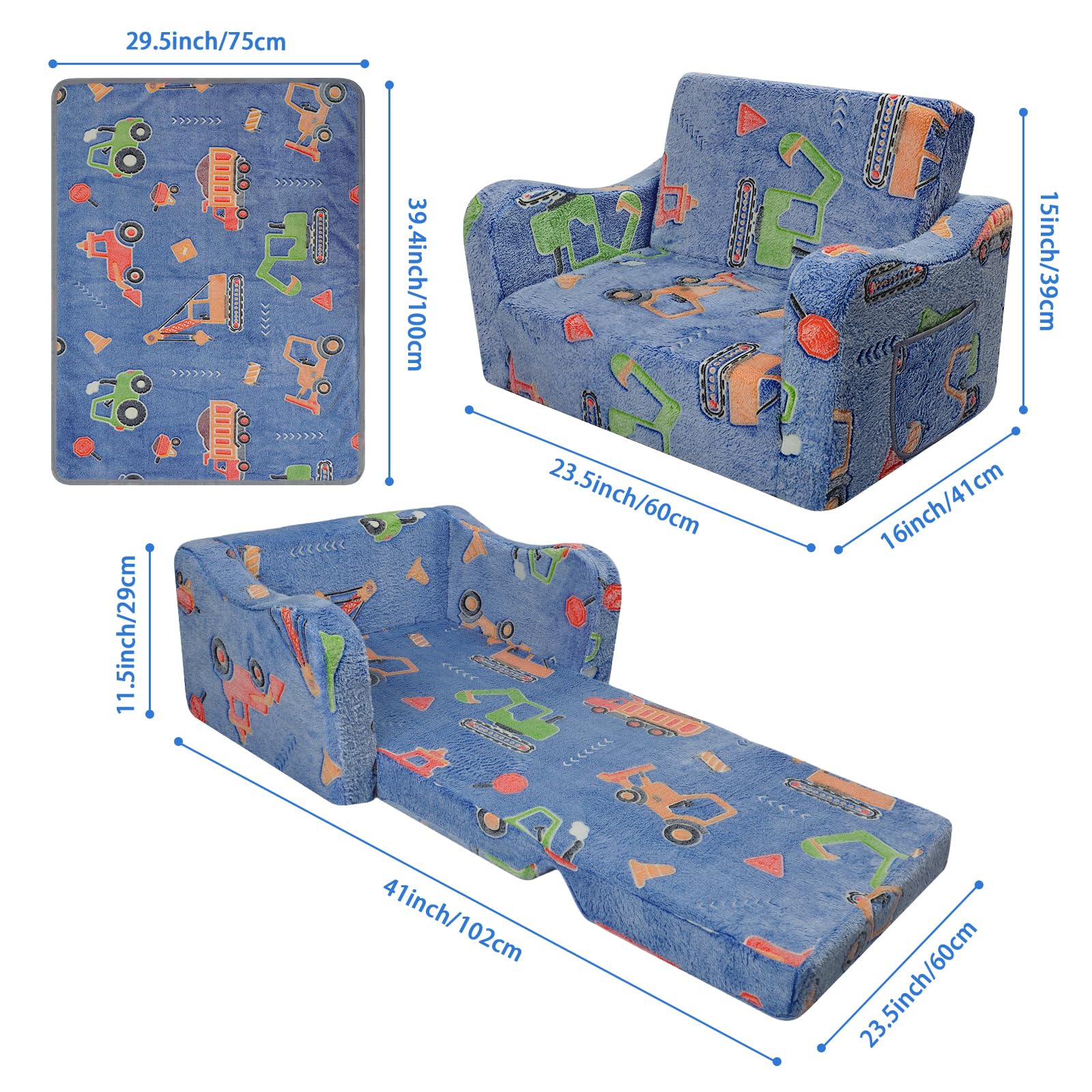 Convertible Sofa para Niños 2 en 1,Suave Cómoda Sofa con Manta para Niñas y Niños,Brilla en la Oscuridad Silla Plegable Niño para Dormitorio Sala de Juegos,Máquinas