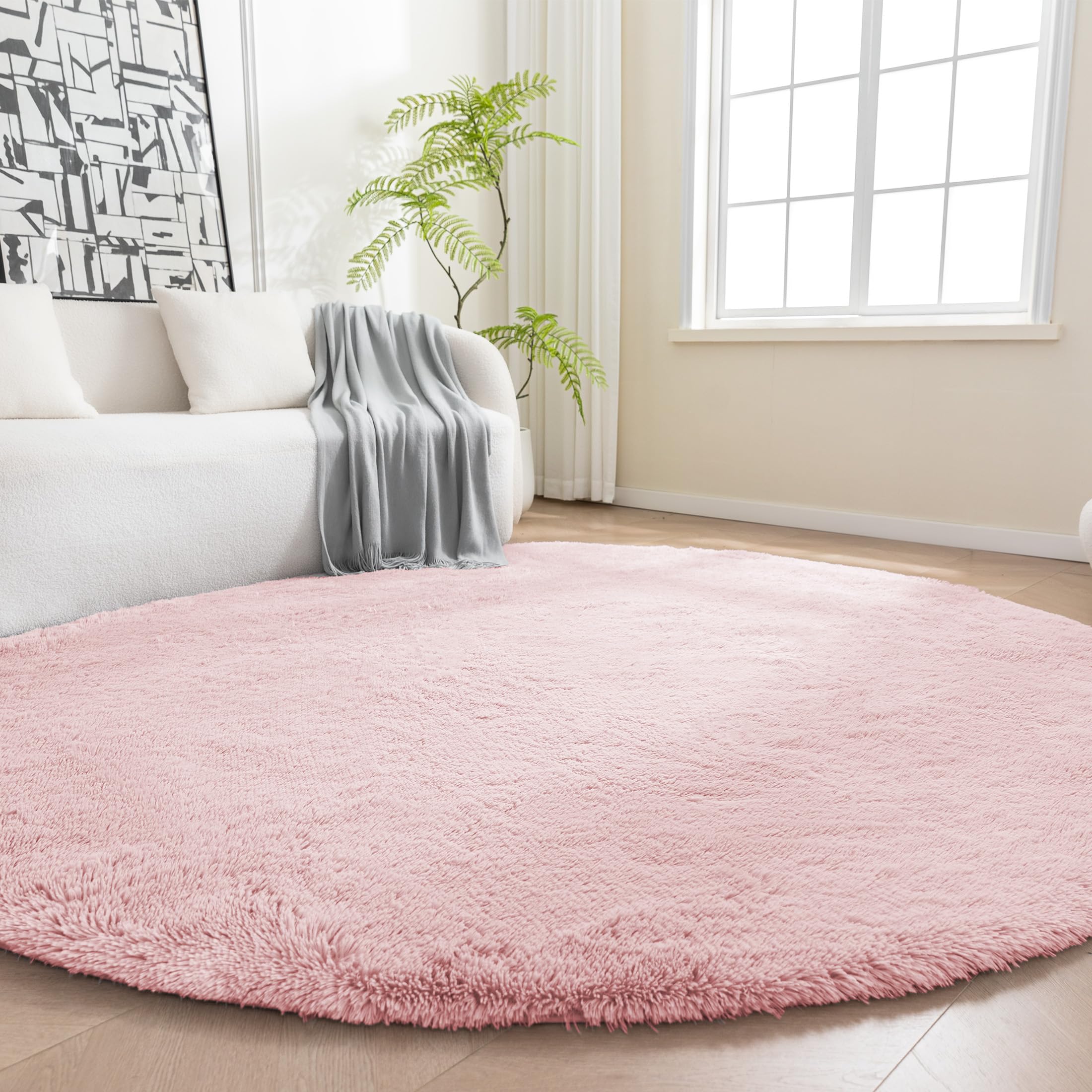 Amazon Basics Fluffy Washable Round Area Rug, Circle Shaggy Carpet for Living Room, Bedroom, Nursery, 4'R, Pink Pink 4' (Round)