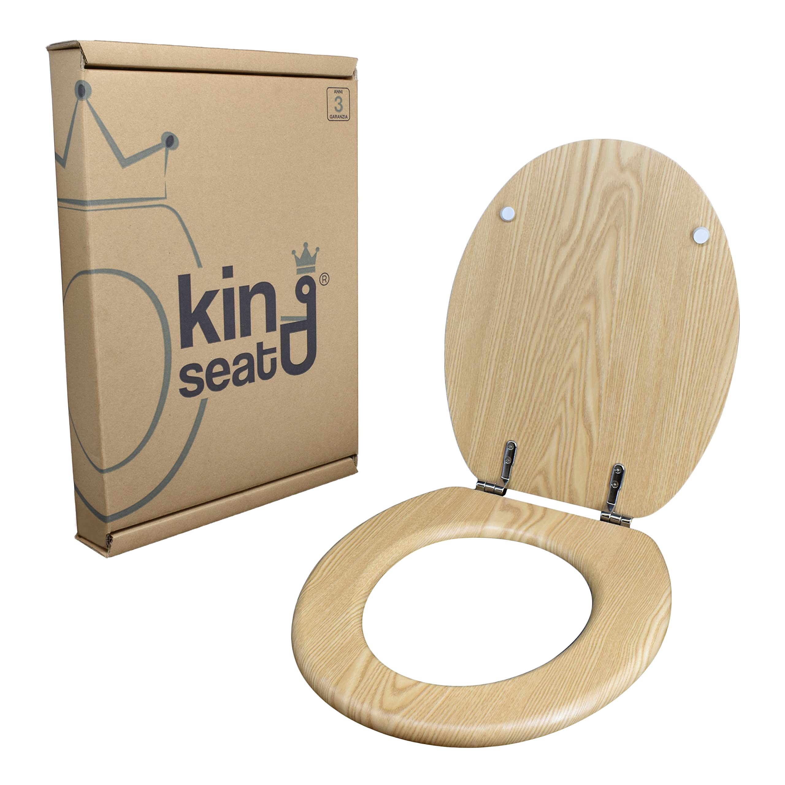 Abattant WC universel en bois thermodurci blanc avec charnières inoxydables réglables