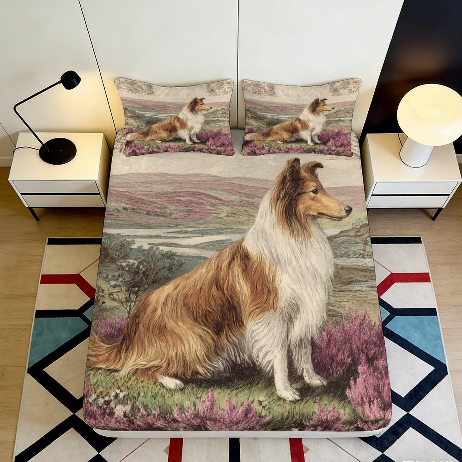 3D Printed Collie Dog Landscape Fitted Sheet Microfiber Soft Breathable Pastoral Meadow Mattress Cover Bedroom Decor 90x200x25cm