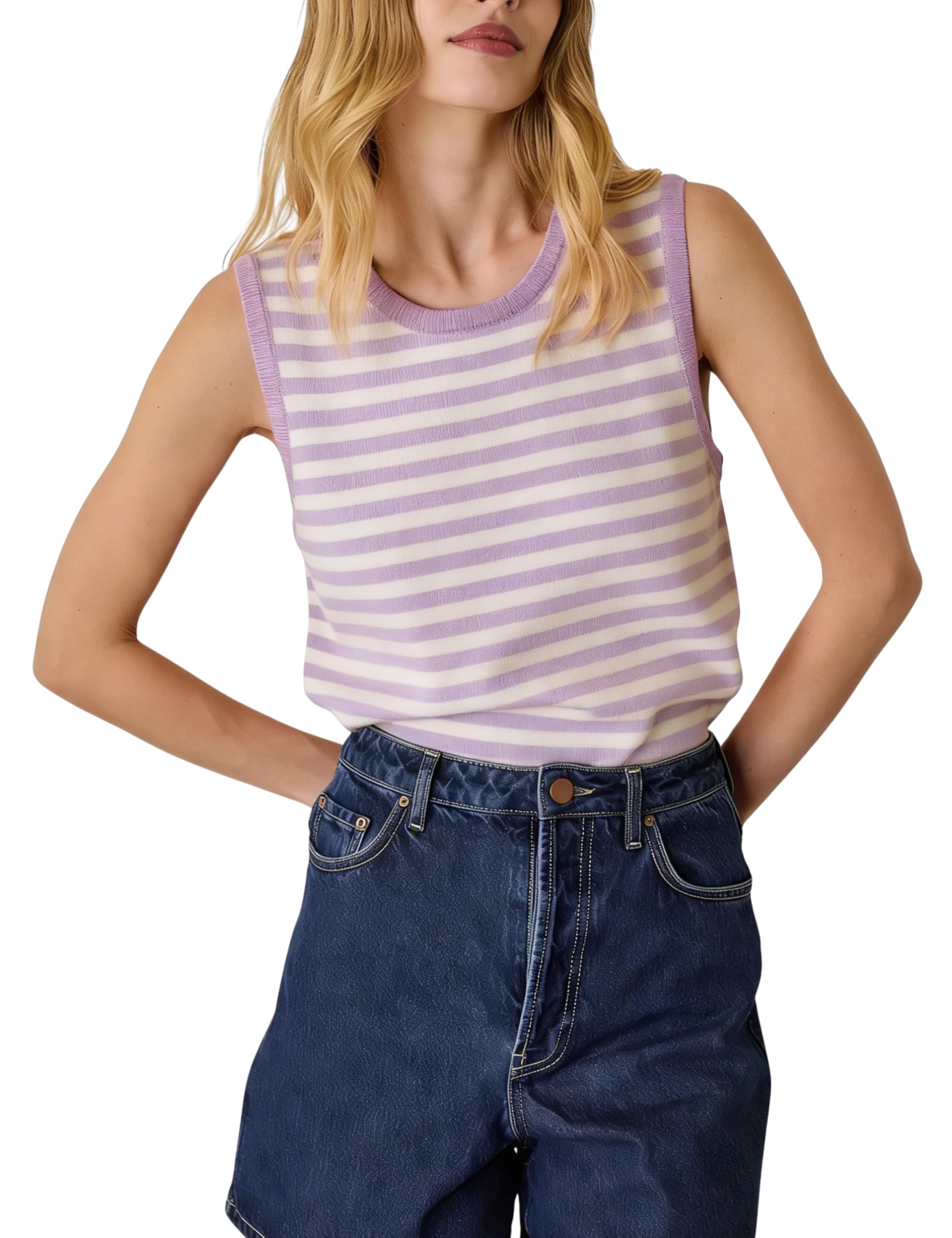 Hongsui Women's Striped Color Block Sweater Vest Ribbed Knit Tank Tops Oversized Crewneck Pullover