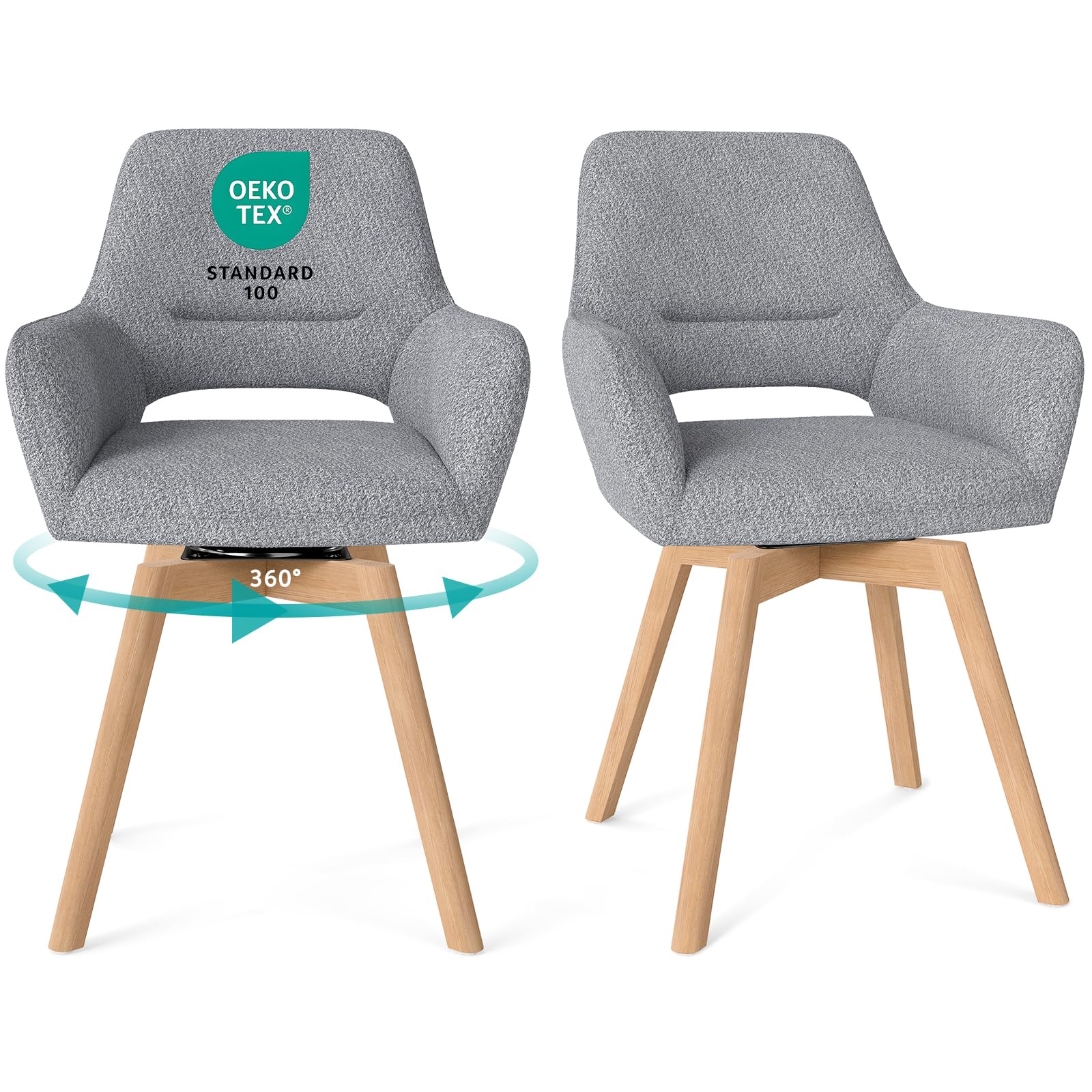 WAFTING Esszimmerstühle Drehbar 6er Set mit Armlehnen, 360°Drehbar, Polsterstühle mit Buchebeinen, Drehstuhl Esszimmer, Küchenstuhl Drehbar, für Wohnzimmer, Schlafzimmer, Dunkelgrau