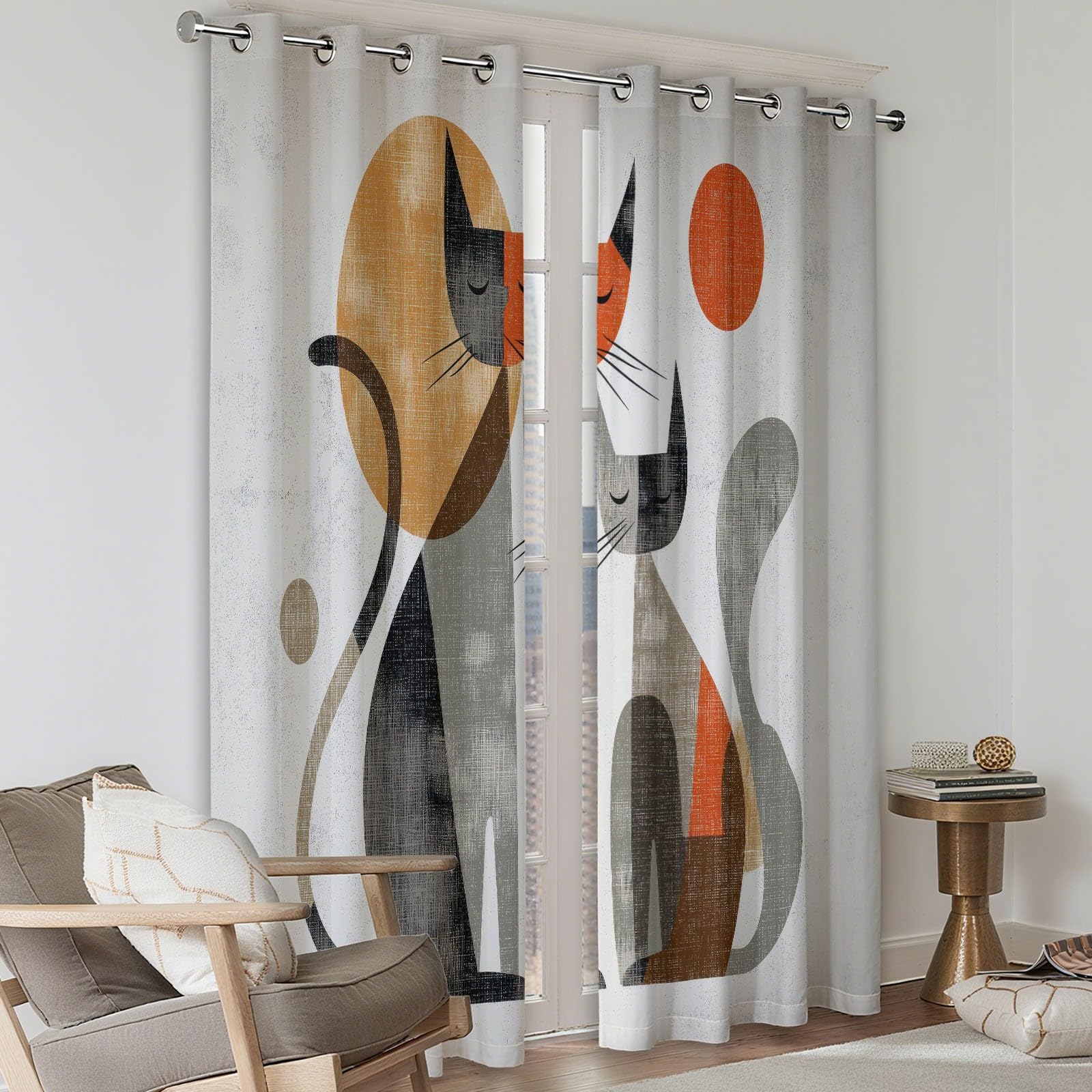 Tende oscuranti moderne per il Medioevo astratto con due gatti, 228 cm, colore beige, isolamento termico, con occhielli, per camera da letto e soggiorno, 2 pannelli, totale 234 x 229 cm