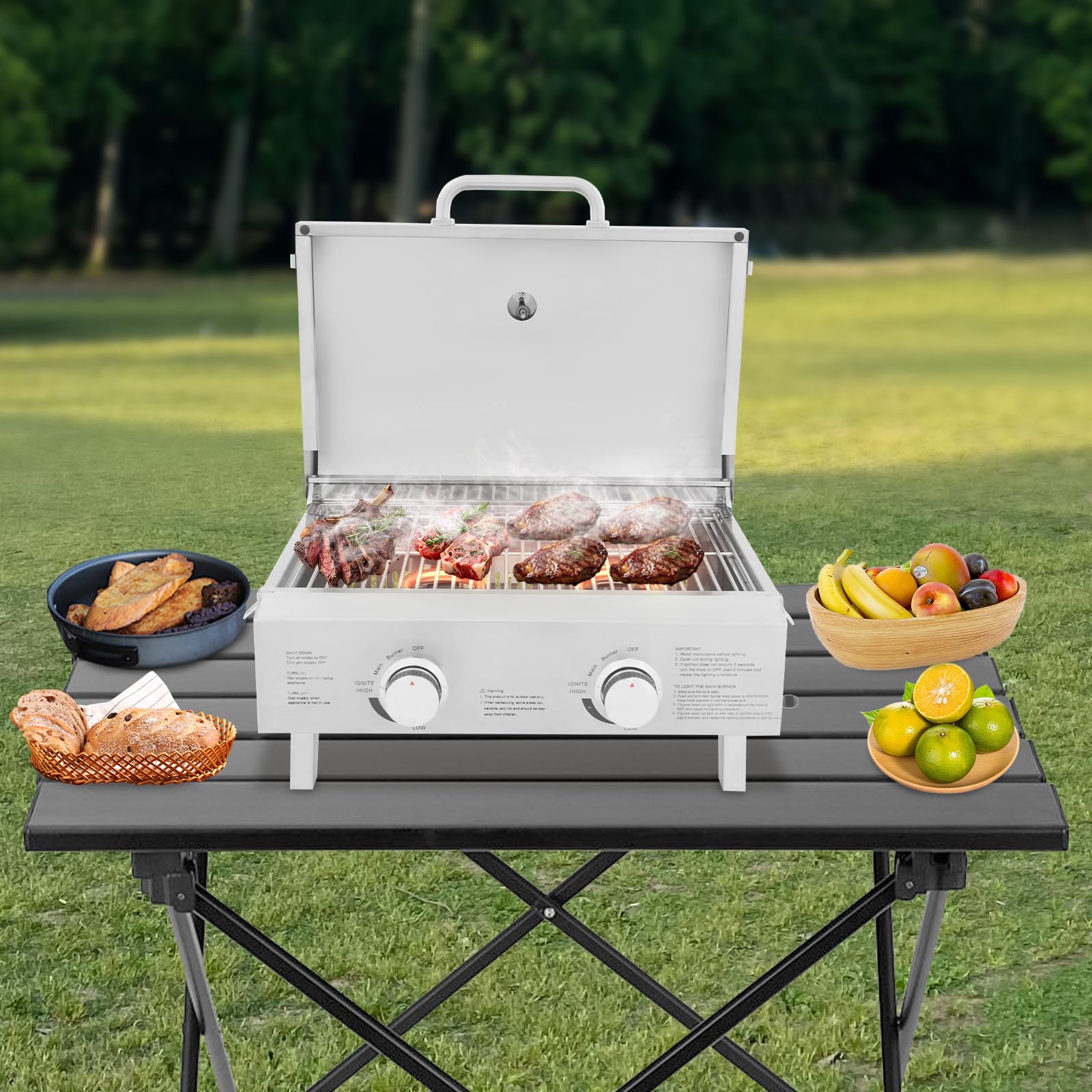 Przenośny stołowy grill gazowy z 2 palnikami ze stali nierdzewnej, mały grill gazowy kempingowy z termometrem i pokrywką, piezoelektryczna metoda zapłonu, na balkon, kemping i do ogrodu, 55,8 × 45 ×