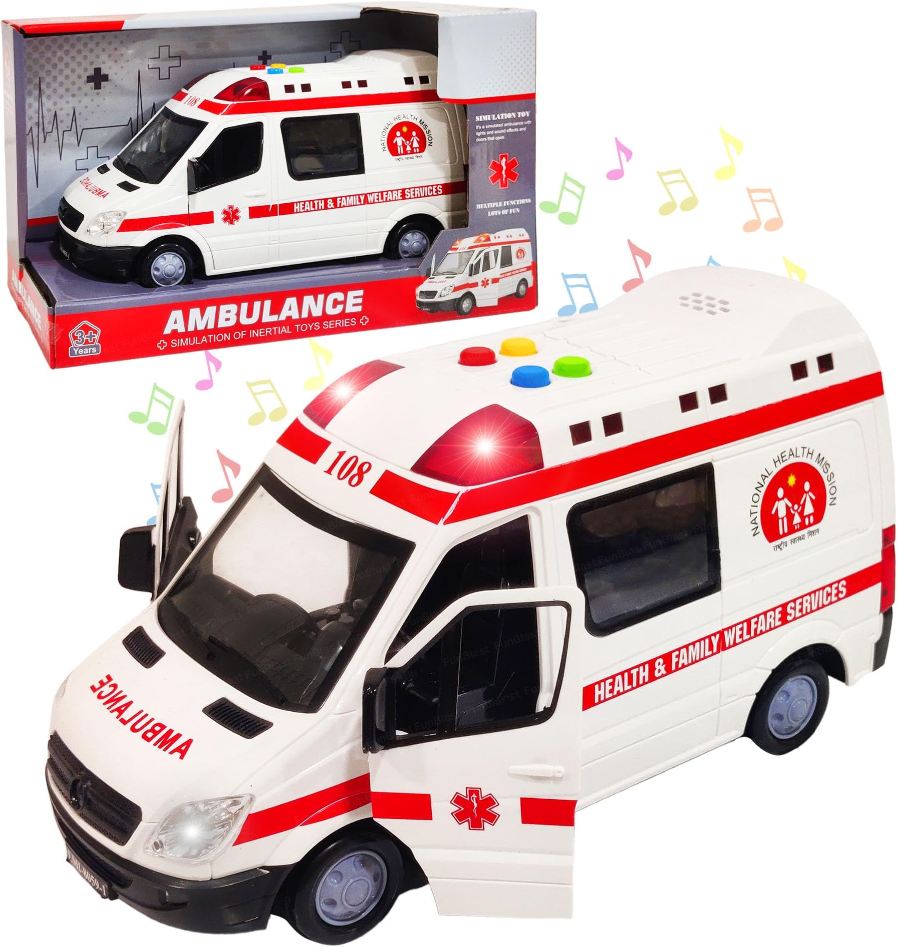FunBlast Ambulance Toy for Kids with Light & Siren Sound Effects โ Pull Back Friction Power Ambulance Vehicle Toy for Kids,Boys,Girls (Multicolor)