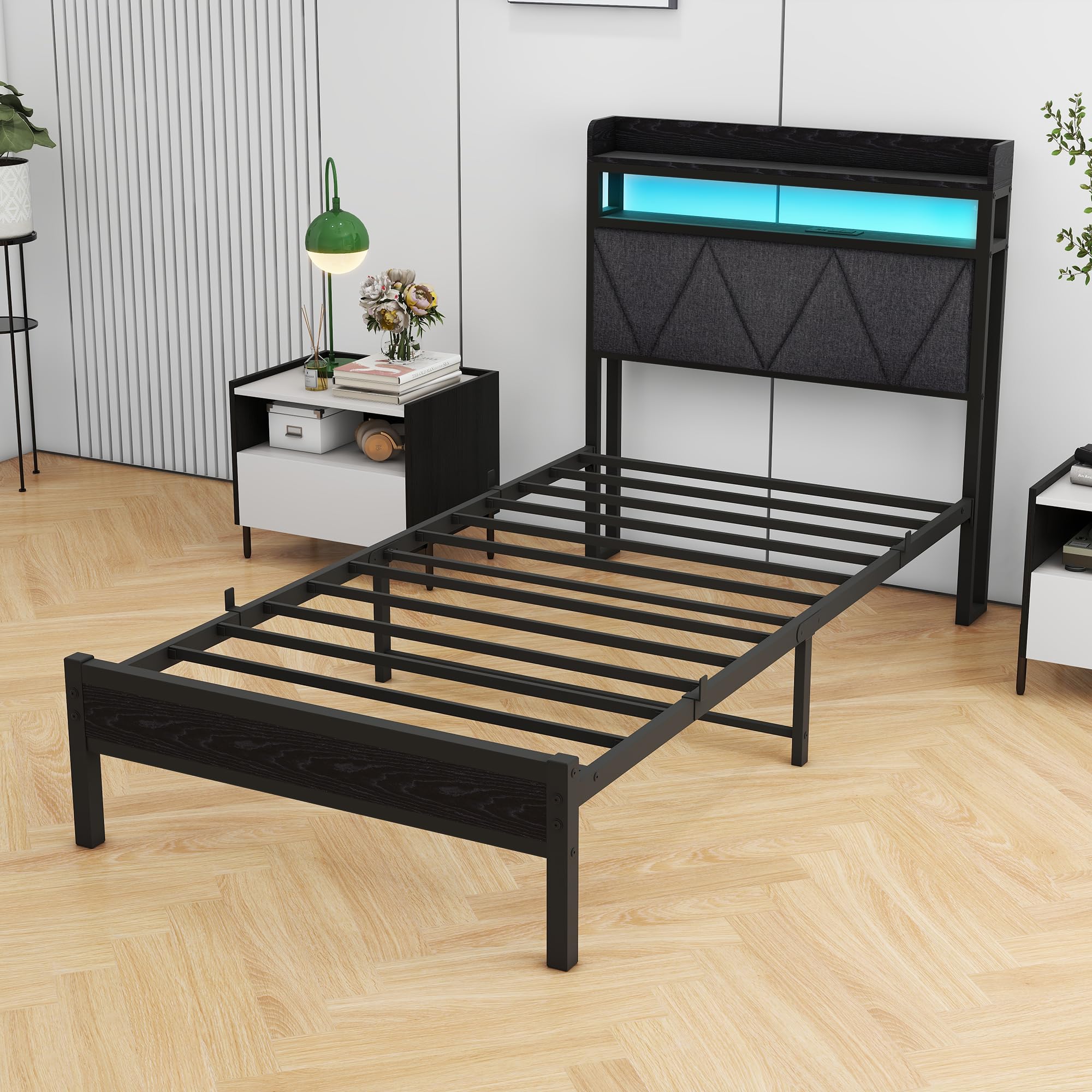Telaio letto singolo da 0,91 m con luci LED, testiera imbottita con spazio per riporre oggetti e stazione di ricarica, letto a piattaforma in metallo solido, misura singola, senza molle