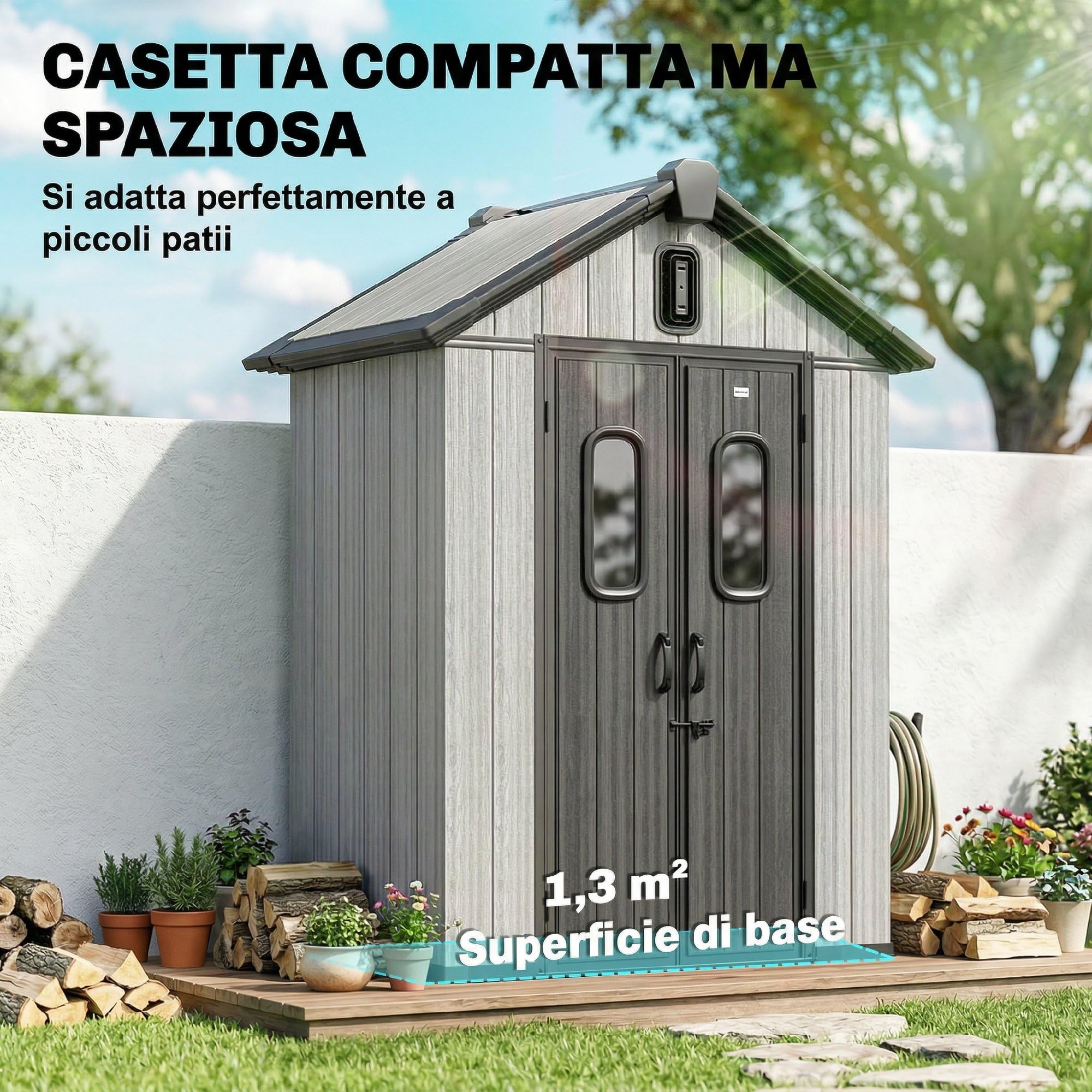 Outsunny Casetta da Giardino 1.3m² in Plastica con Pavimento, Telaio Metallo, Capanno da Giardino Porta Attrezzi con Prese d'Aria, 2 Finestre, Doppia Porta Bloccabile, Tetto Inclinato, Grigio