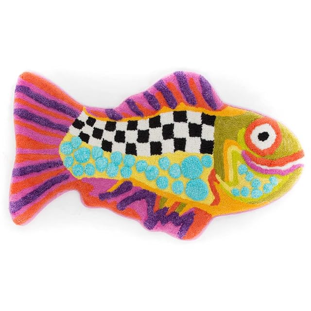 MACKENZIE-CHILDS Bath Rug Bath Mat for Bathroom Use Cotton Rug 20 H x 36 W Happy Fish