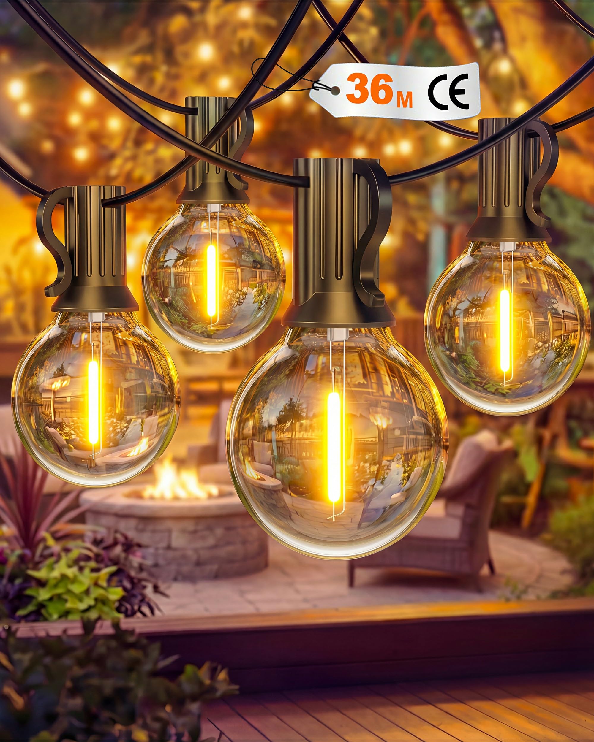 Lichterkette Außen 36M, Dimmbar G40 LED Lichterkette Strom | 50+2 G40 Glühbirnen, IP65 Wasserdichte, Bruchsicher, Anschließbar 2700K LED Strom für Balkon, Garten, Terrasse, Hochzeiten