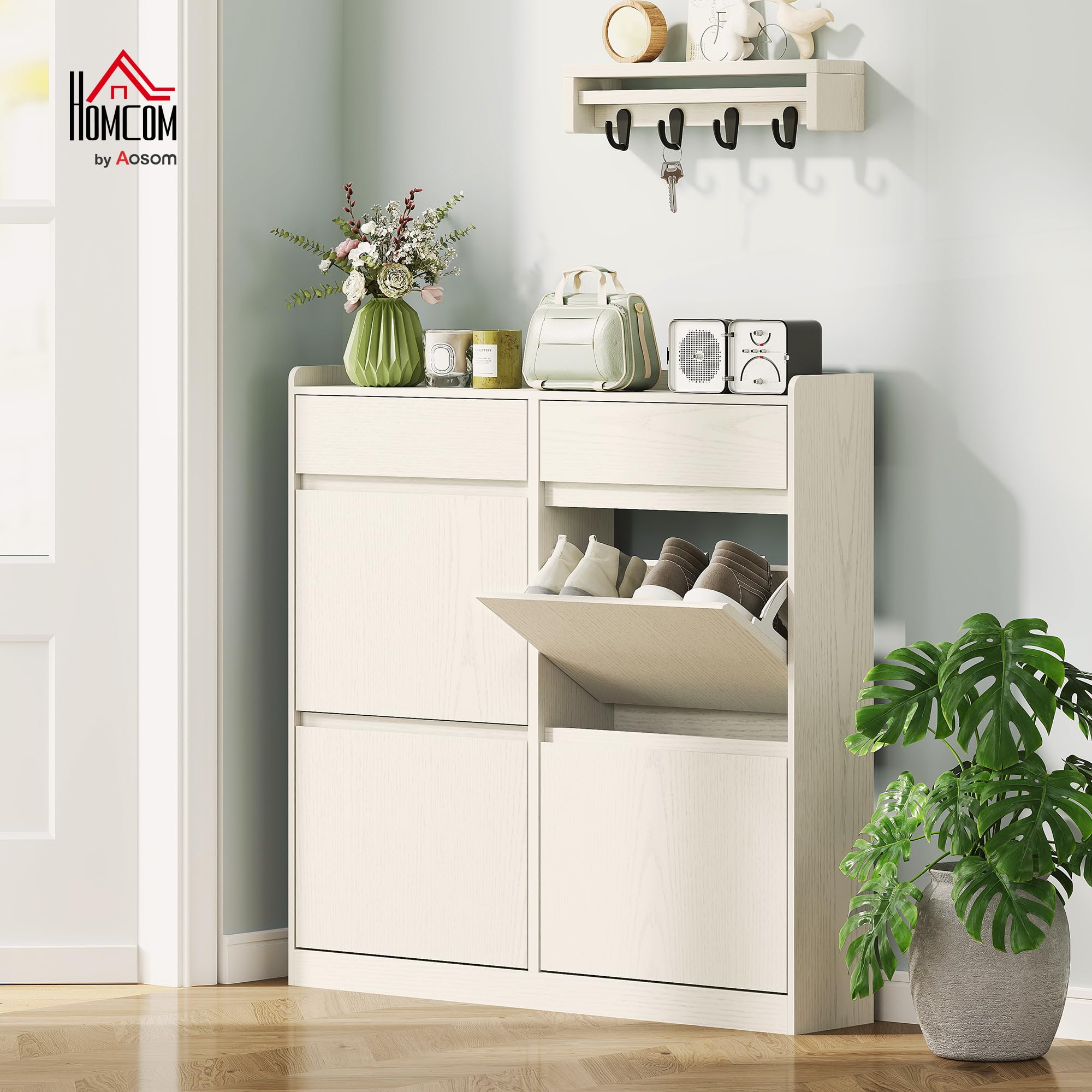 HOMCOM Zapatero Estrecho con 4 Puertas Abatibles Zapatero Entrada Recibidor con 2 Cajones para 8 Pares de Zapatos para Pasillo Espacios Reducidos 98x19,2x95,3 cm Blanco
