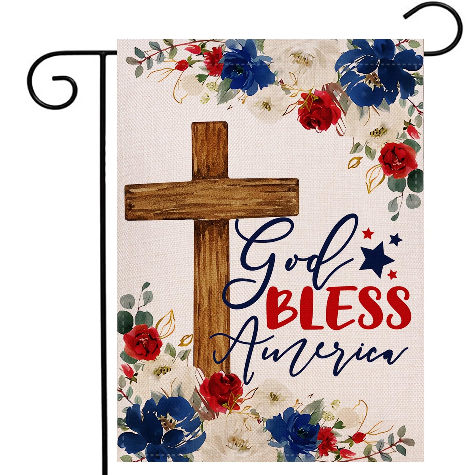 God Bless America Patriotic Floral Garden Flag Double Sided Outside, 4th of July Memorial Independence Day Yard Outdoor Decoration 12.5 x 18 Inch