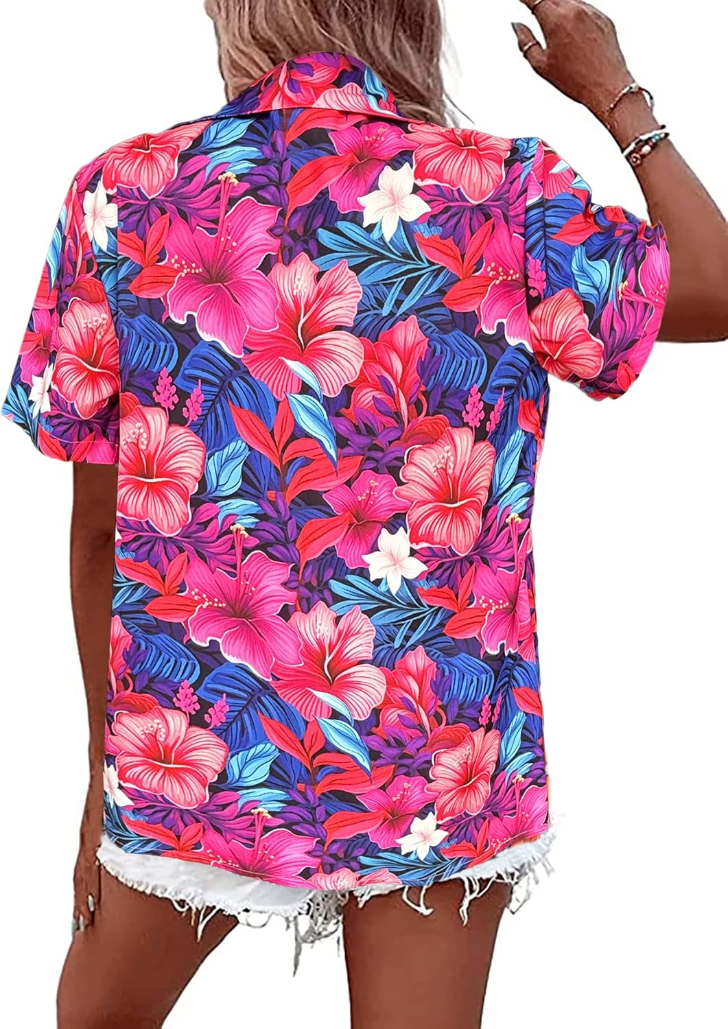 Women's Button Down Hawaiian Shirts Tropical V Neck Summer Beach Blouses Tops Floral Print Vintage Short Sleeve Tees - Image 5