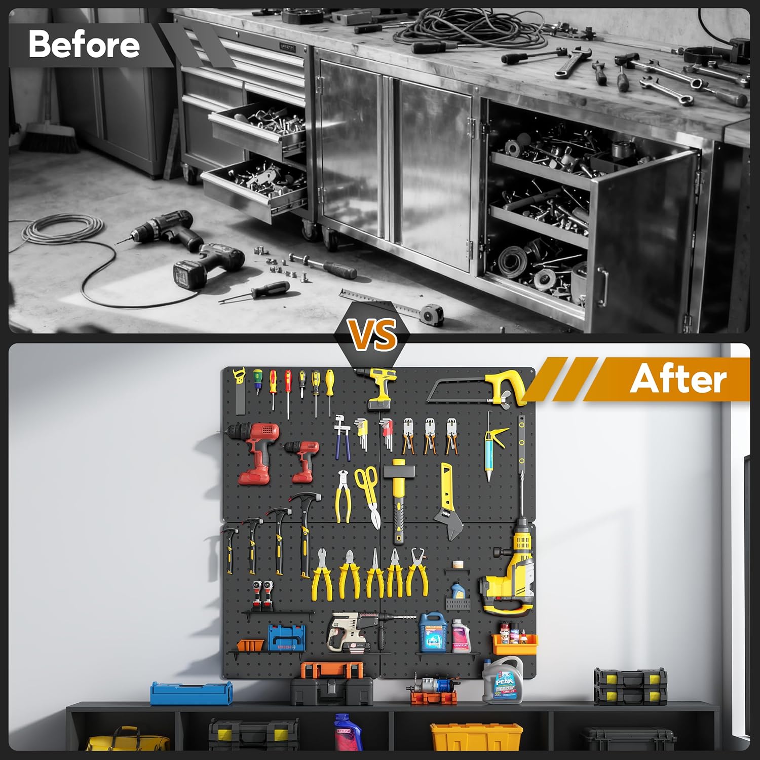 Peg Board,Total 32” x 32”, 68PCS Heavy Duty Metal Pegboard with Hooks, 4 Pack Black Peg Board Panels, 50lbs Load Capacity Each, Pegboard Wall Organizer for Garage, Workshop, Craft Rooms