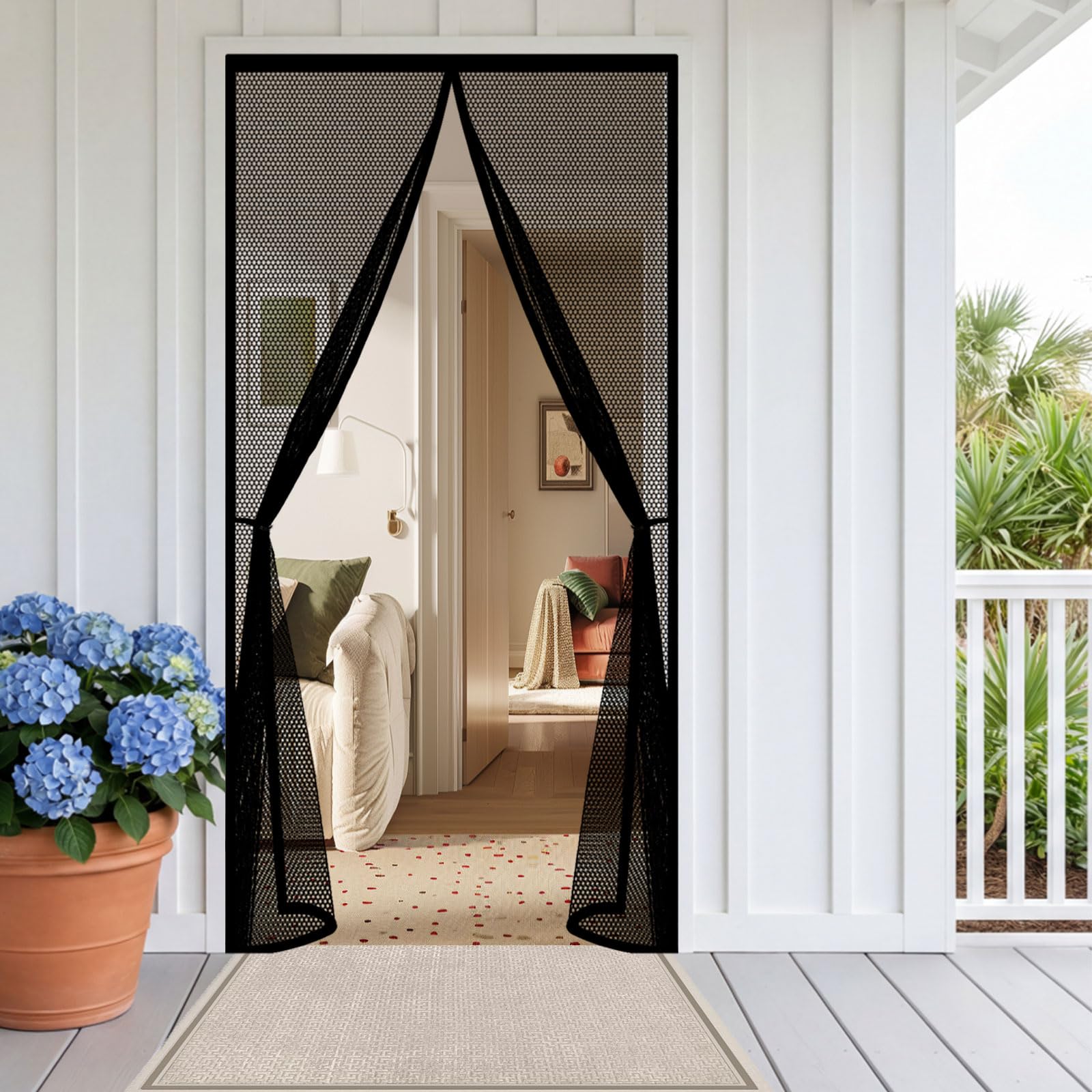 Fly Screens Doors 116 x 255 cm Powerful Magnets and Full Frame Magic Tape Nets Patio Curtain Insect Mesh Easy to Install Without Drilling for Patio Bedroom Sliding Kitchen, Black