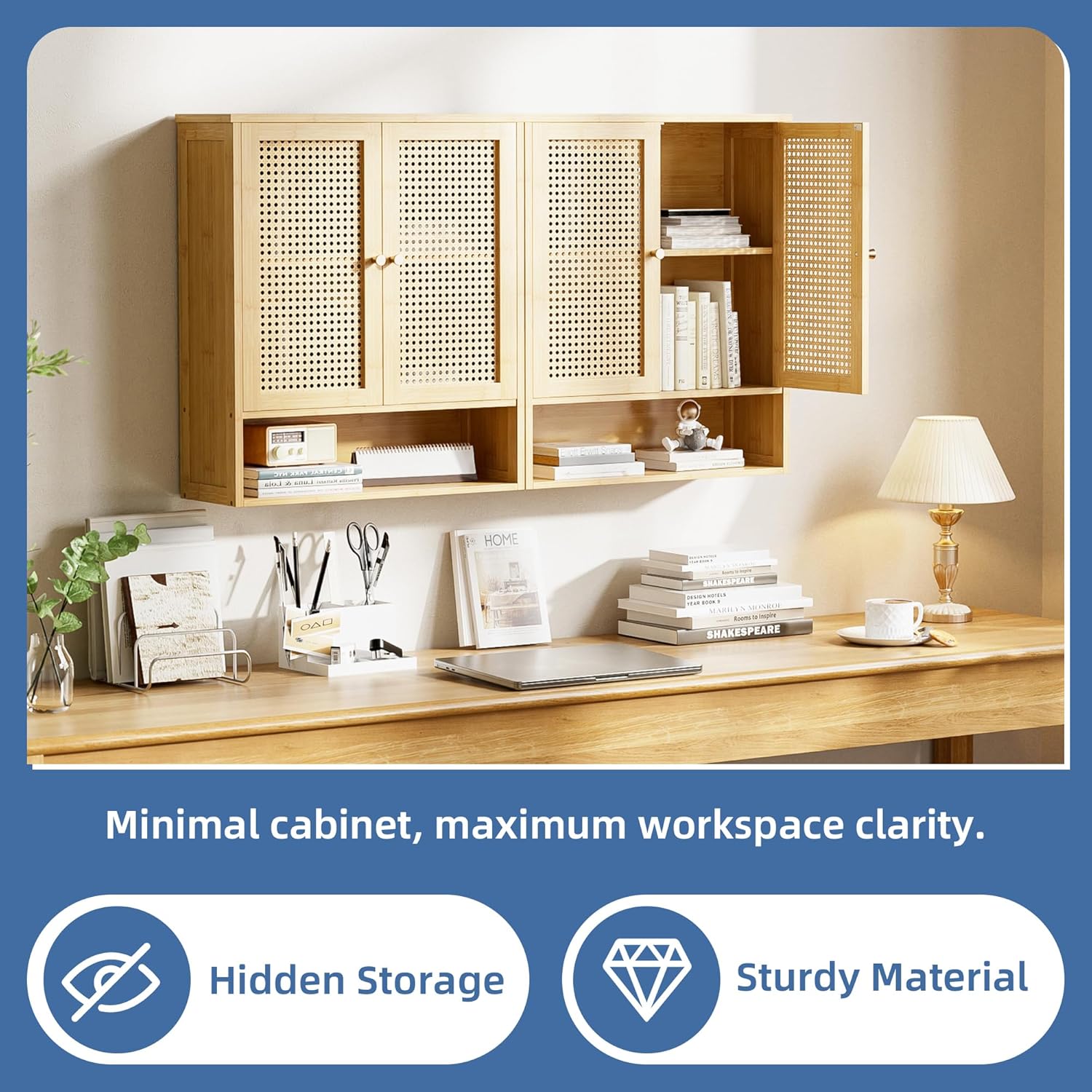 HITNET Rattan Hanging Bathroom Cabinet, Wall Mounted Bamboo Bathroom Cabinet with Double Doors and Adjustable Shelves, Storage Over The Toilet for Kitchen, Living Room, Laundry Room, Natural