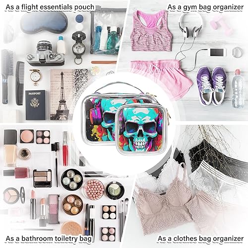 Miniatura 7 de Gothic Skull Wear Headphone Y2k Clear Toiletry Bag for Traveling,2 Pack Makeup Cosmetic Bag with Zipper,Travel Bag for Toiletries,Travel Essentials