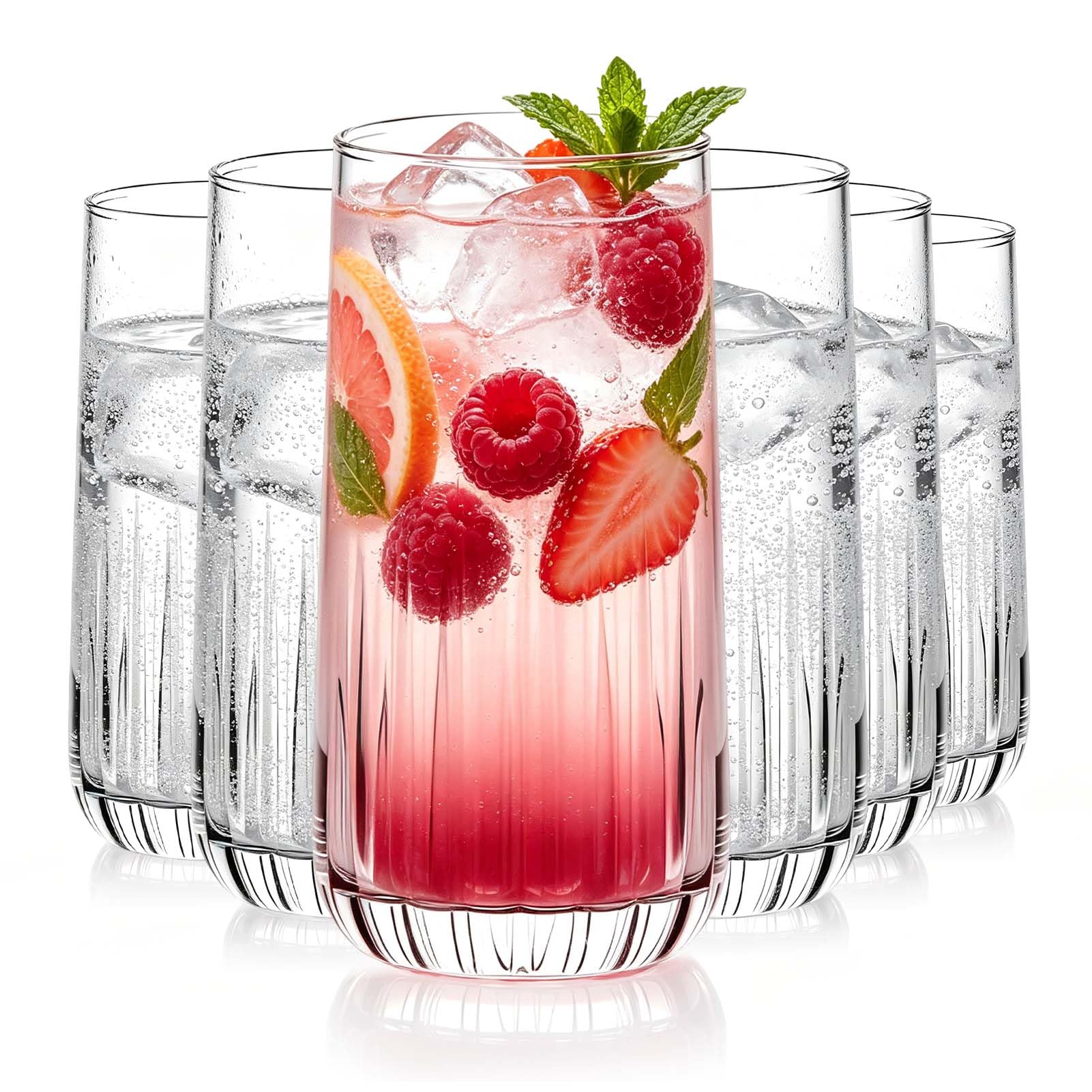 Ribbed Highball Glasses Set of 6, 350ml Tall Drinking Glasses, Clear Glass Tumblers with Heavy Base, Vintage Ribbed Glassware for Iced Coffee, Cocktail, Mojito, Juice, Water, Lemonade and Soft Drinks