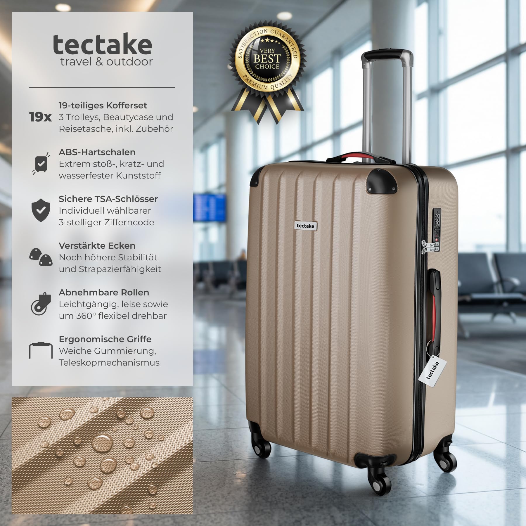 TecTake® Hartschalenkoffer-Set, 19-teilig, ABS-Hartschale, mit TSA-Schloss, 360° Rollen, Packwürfeln, Kofferwaage, Gepäckanhänger, Beautycase, Kulturbeutel, Teleskopgriff - Champagner