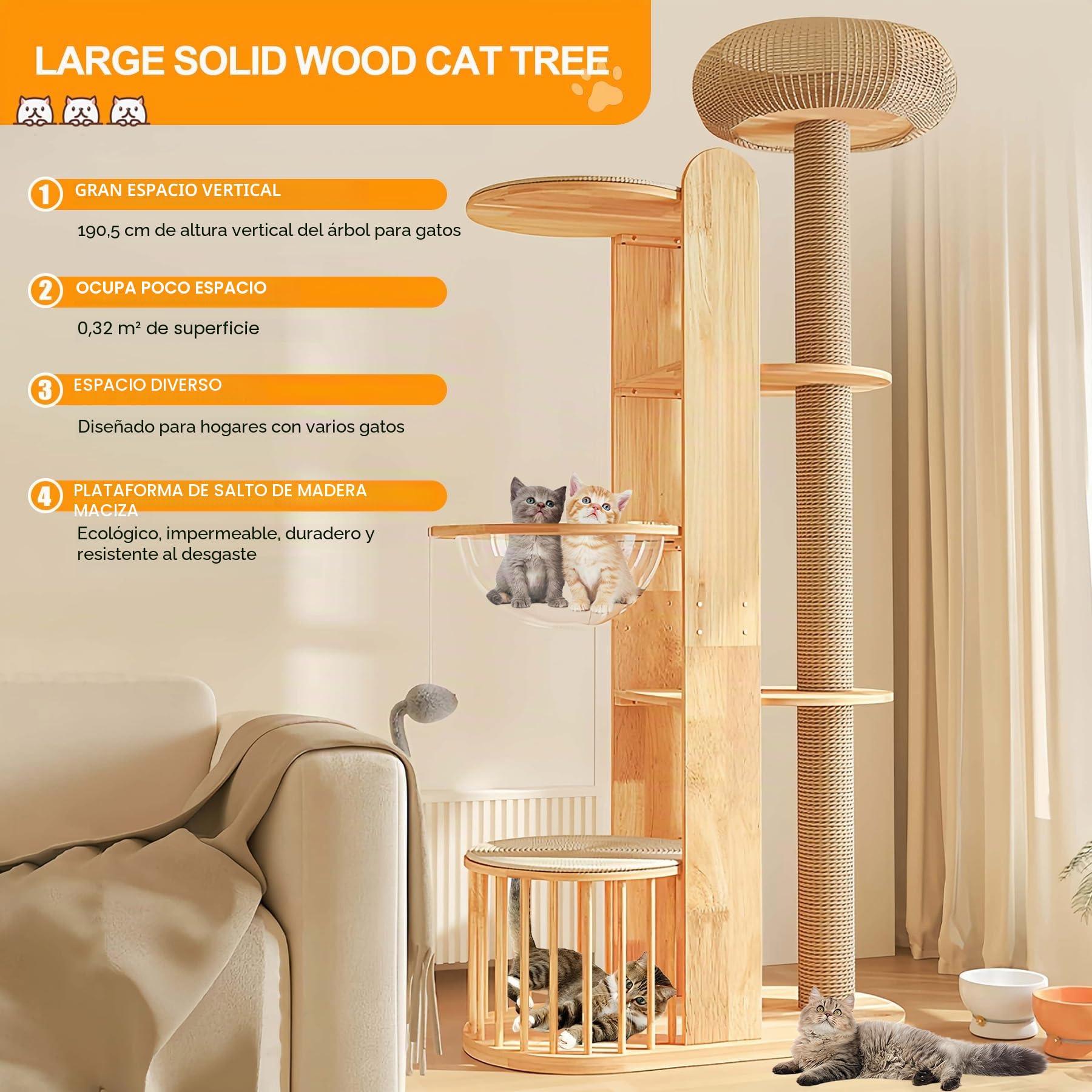 Árbol rascador de madera diseño 190 cm grande - Premium árbol para gatos grandes con postes envueltos en sisal, 3 plataformas, 1 casa escondida y cápsula de astronauta, centro de juego estable