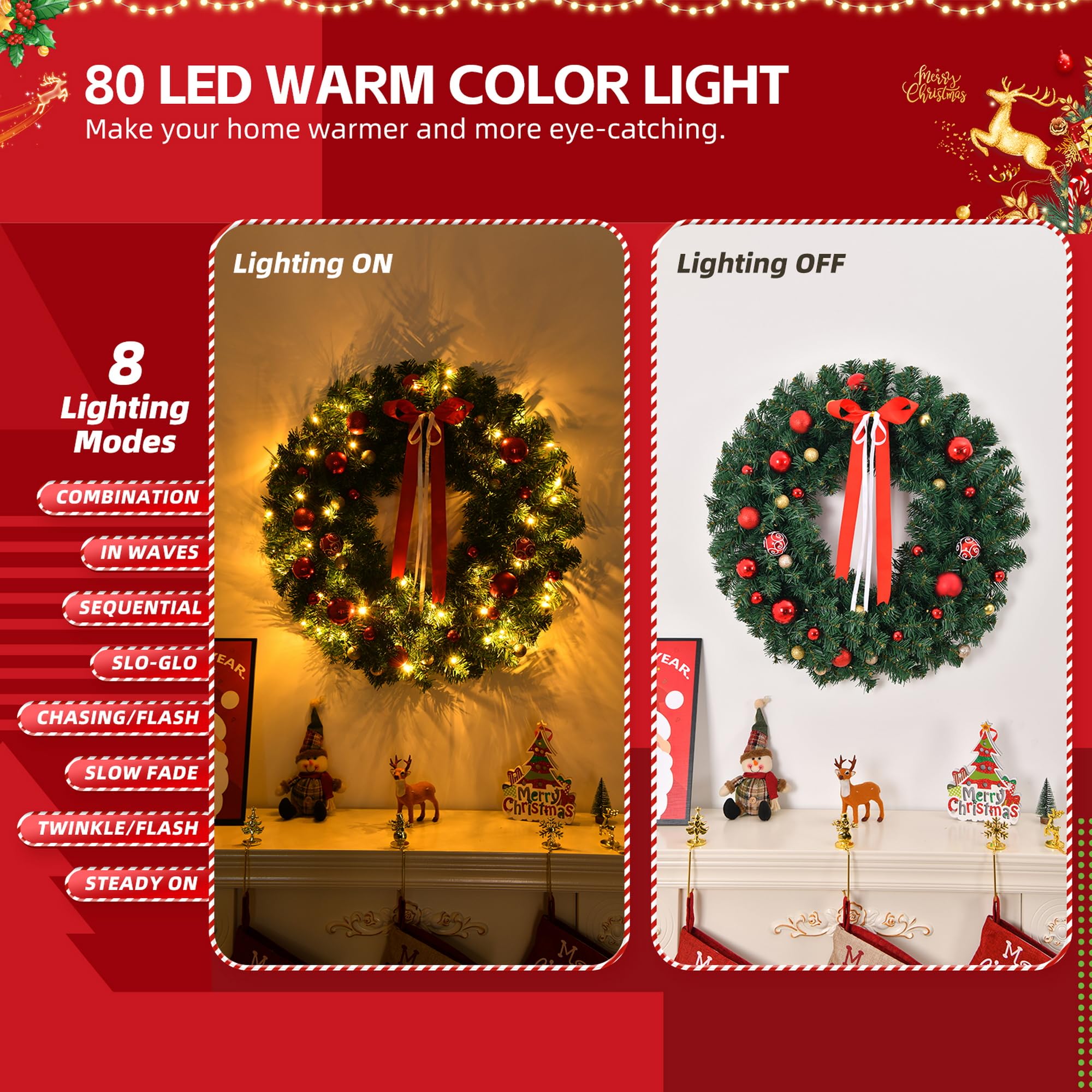 Karl home Couronne de Noël artificielle pré-éclairée alimentée par piles avec 80 lumières chaudes et 270 embouts en PVC et 18 décorations à faire soi-même, pour porte d'entrée, mur, décoration de fête