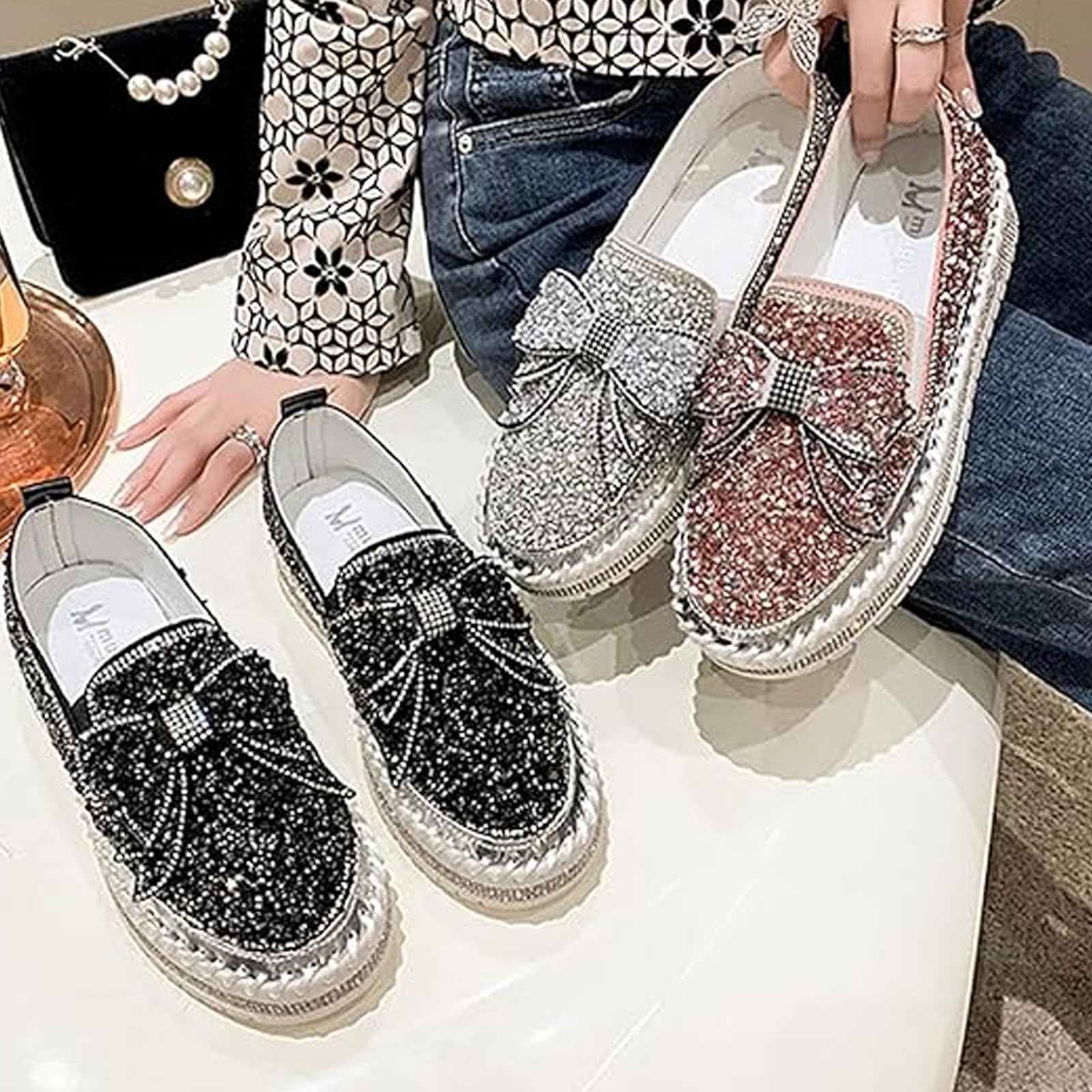 Mocasines de plataforma con lazo de diamantes de imitación para mujer, zapatos casuales con cristales brillantes para caminar, tenis de lentejuelas con purpurina para fiesta, boda, club nocturno
