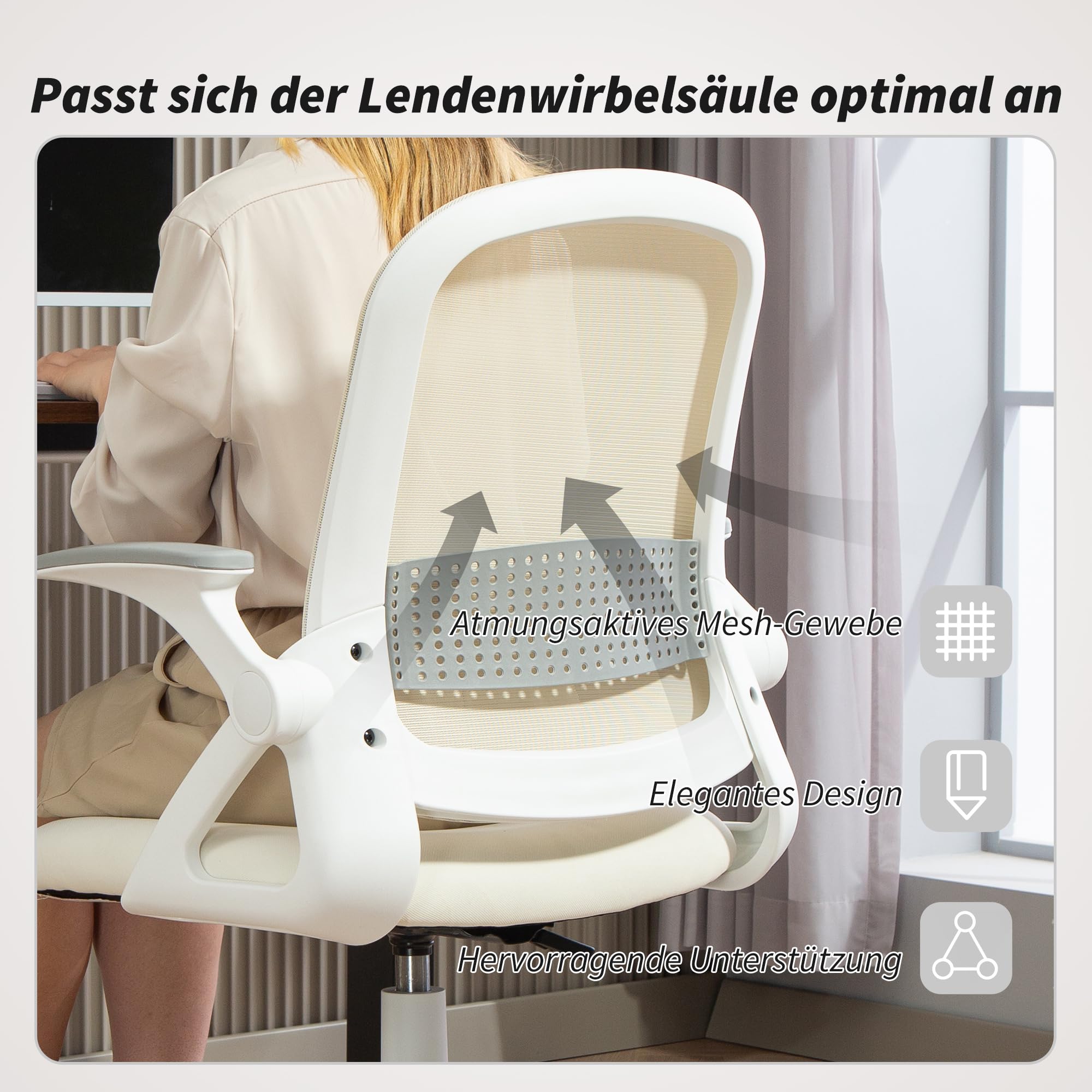 HOMCOM Bürostuhl mit Aufklappbarer Armlehne Lendenwirbelstütze Weiß | Ergonomischer Schreibtischstuhl, Höhenverstellbarer Drehstuhl mit Wippfunktion, Netzbespannung, Computerstuhl