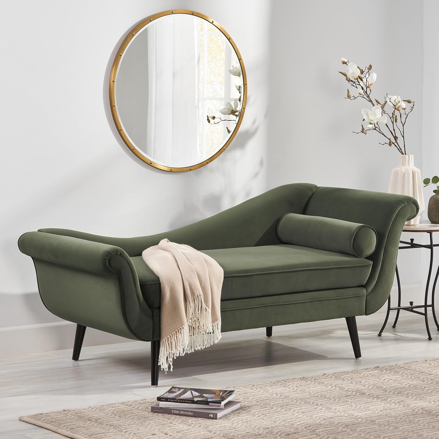 69" Upholstered Velvet Chaise Lounge Indoor, Luxurious Sleeper Sofa with Scrolled Backrest, Armrest & Round Pillow & Wooden Legs, Elegant Accent Lounge for Bedroom, Living Room or Office (Sage)