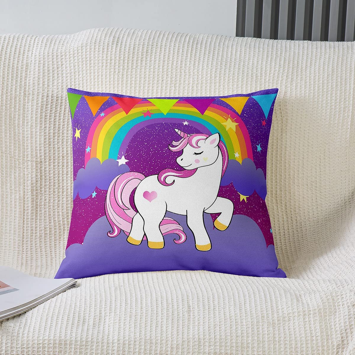 Girls Unicorn Pillow Cover 16x16, Kawaii Cute Unicorn Print Throw Pillow For Kids Boys Children Youth, Cartoon Horse Cushion Case Children Galaxy Stars Magical Unicorn Animal Pillow Case, Purple