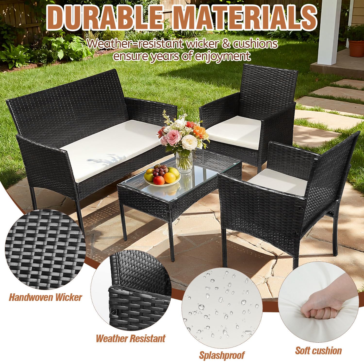 Set di mobili da giardino in rattan sintetico, 4 pezzi, con tavolo in vetro, 2 poltrone e panca a 2 posti, con cuscini da 5 cm, per balcone, terrazza, giardino, colore nero