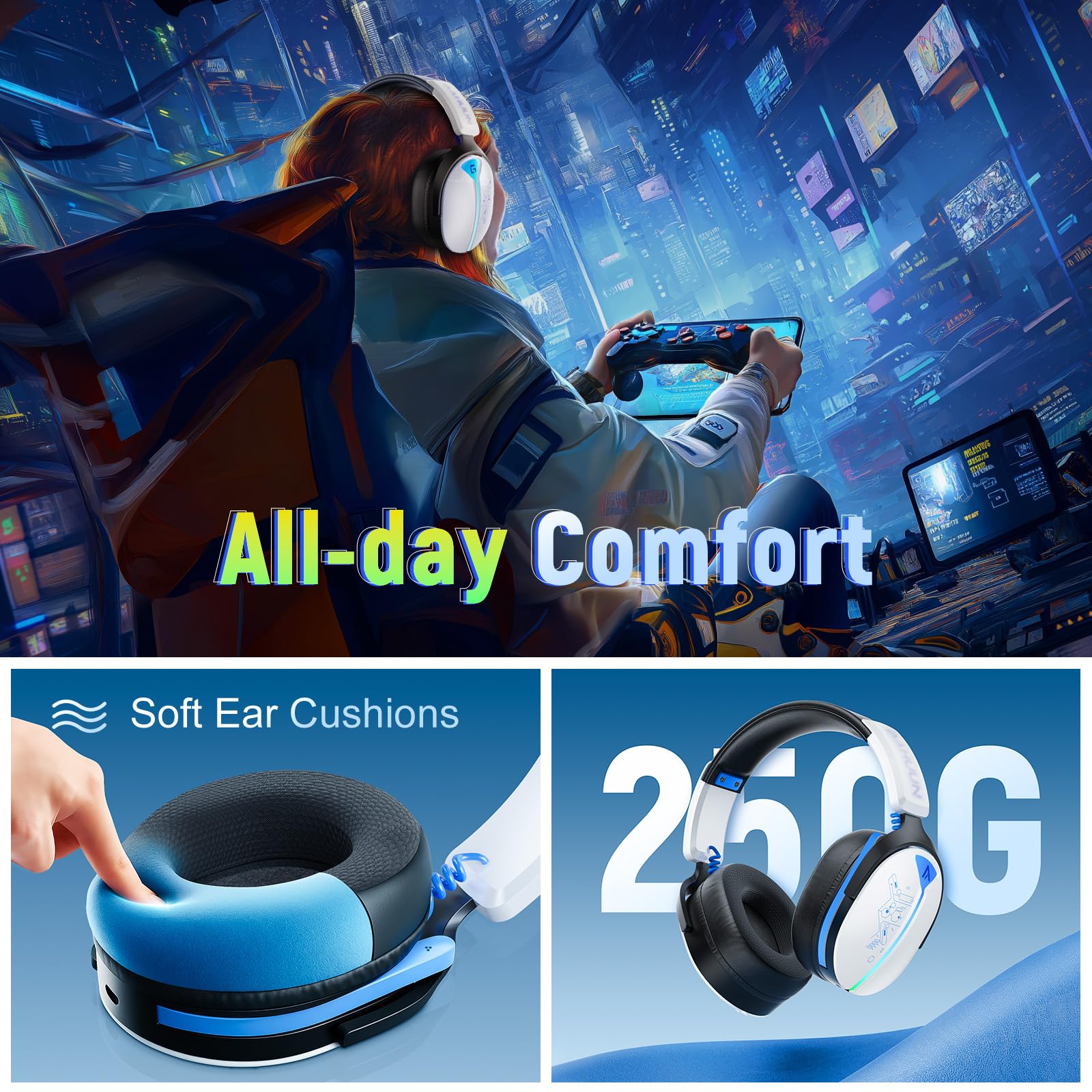 Buwnia Wireless Gaming Headset, Ps5 Headset for PC Ps5 Ps4 Switch, 2.4GHz Lossless Audio Gaming Headsets, Bluetooth 5.3 Gaming Headphone with Noise Canceling Mic & 40H Battery, RGB Light — view 6