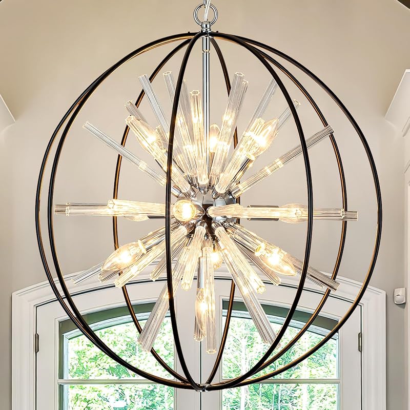 Modern Black Sputnik Globe Crystal Chandeliers for Living Room Foyer | D22" 10-Light Adjustable Hanging Ceiling Firework Pendant Light Fixture for Entryway Stairway Bedroom Dining Room Hallway