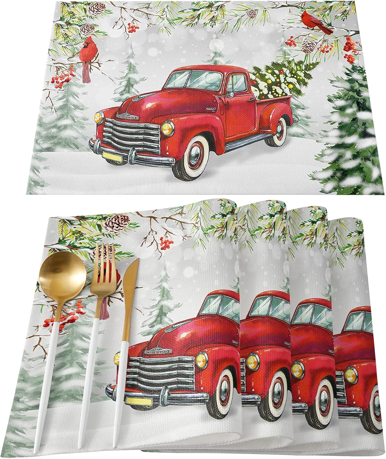 Christmas Truck Placemat Set of 6, Vintage Red Truck