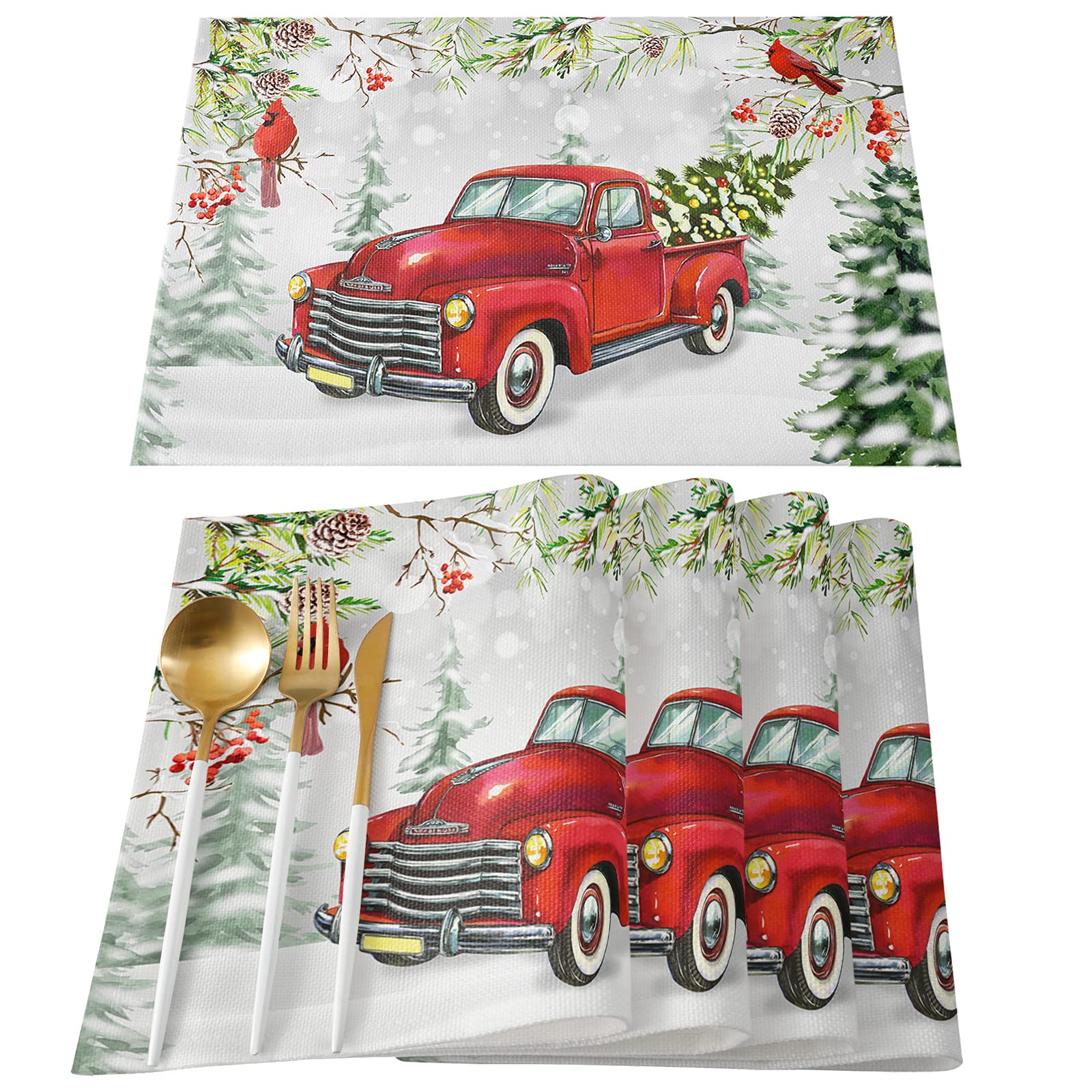 Christmas Truck Placemat Set of 6, Vintage Red Truck Cardinalis Snow Forest Landscape Frosty Tree Table Place Mats Non-Slip Heat-Insulated Washable Cotton Linen Placemats for Christmas Holiday Party
