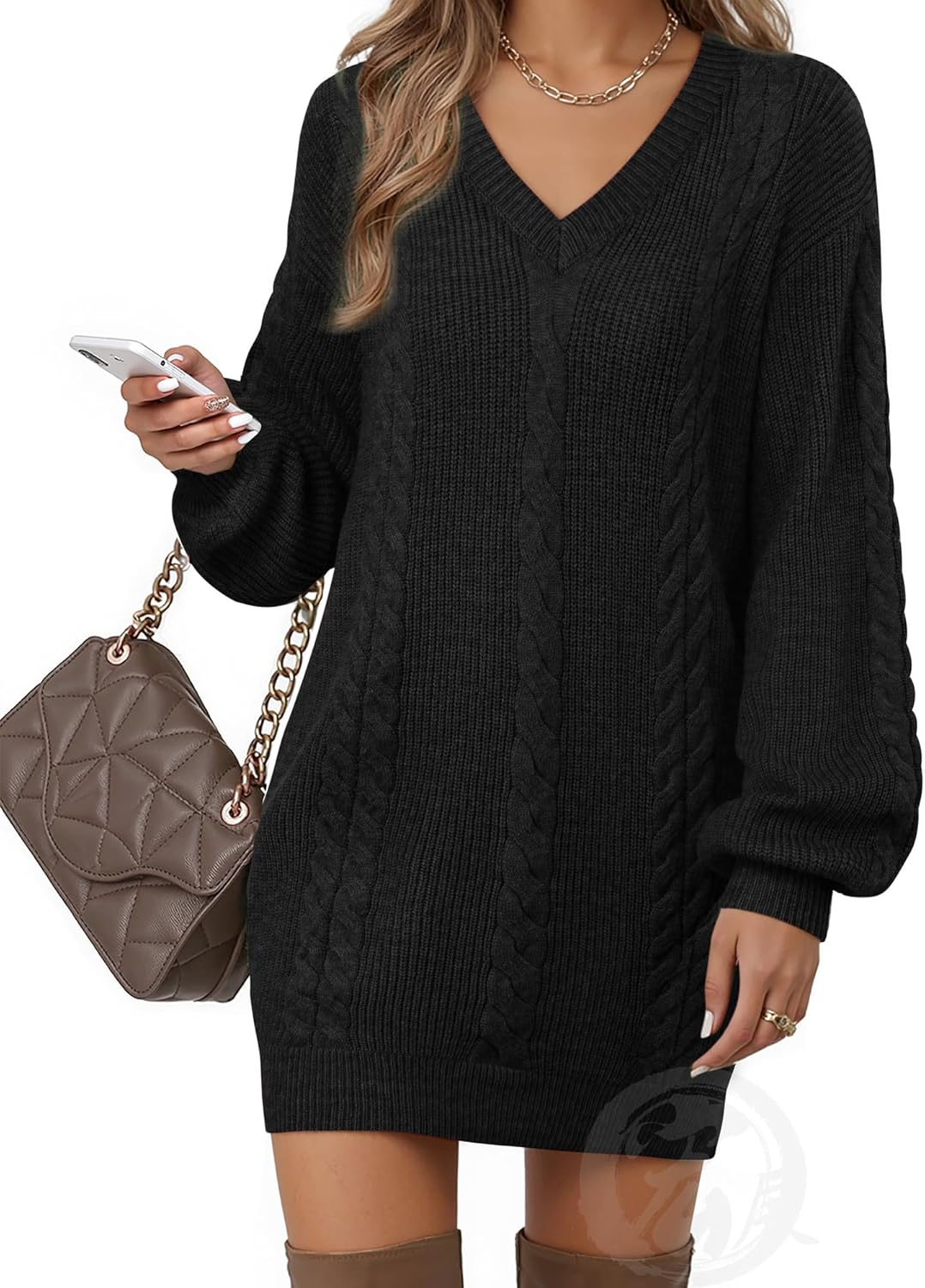 Women’s Pullovers Jumper Sweaters Lantern Sleeve Casual V Neck Fall Knit Mini Sweater Dresses