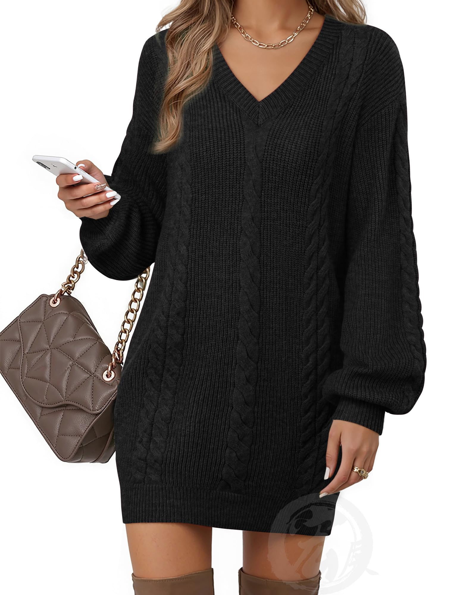 Womens Pullovers Jumper Sweaters Lantern Sleeve Casual V Neck Fall Knit Mini Sweater Dresses