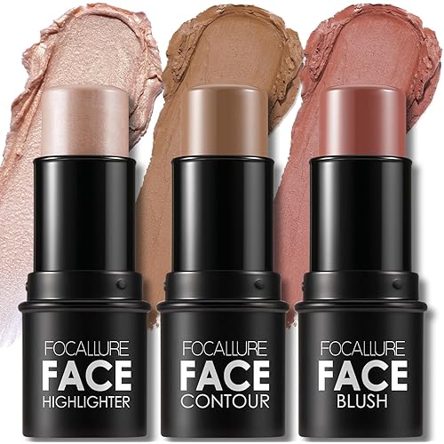FOCALLURE 3 Pcs Cream Contour Sticks,Shades with Highlighter & Bronzer & Blush,Non-greasy Long-wear Face Contouring Pen,Easy to Sculpt the Face and Create a Lightweight Finishing Makeup,MEDIUM