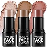 FOCALLURE 3 Pcs Cream Contour Sticks,Shades with Highlighter & Bronzer & Blush,Non-greasy Long-wear Face Contouring Pen,Easy to Sculpt the Face and Create a Lightweight Finishing Makeup,MEDIUM