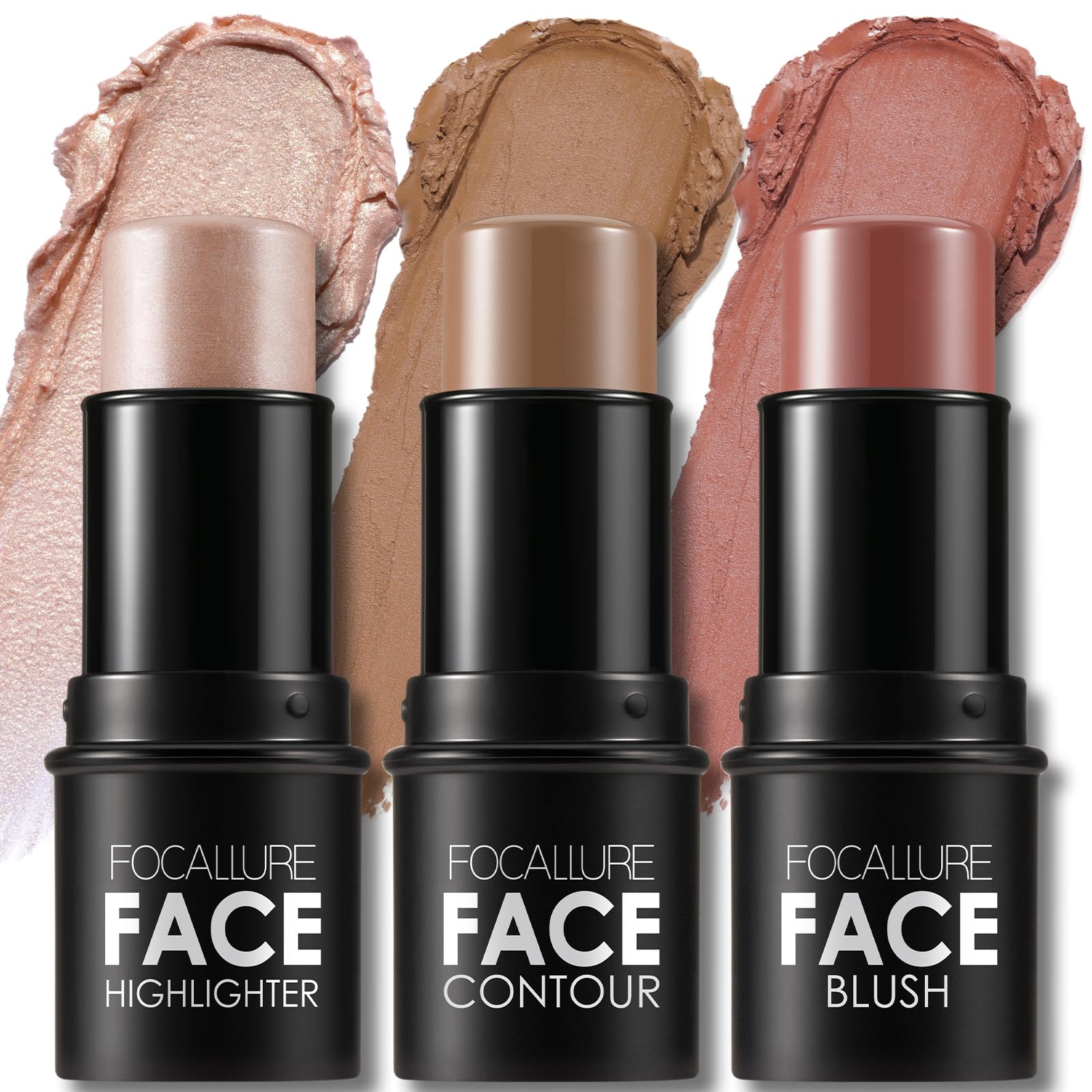 FOCALLURE3 Pcs Cream Contour Sticks,Shades with Highlighter & Bronzer & Blush,Non-greasy Long-wear Face Contouring Pen,Easy to Sculpt the Face and Create a Lightweight Finishing Makeup,MEDIUM